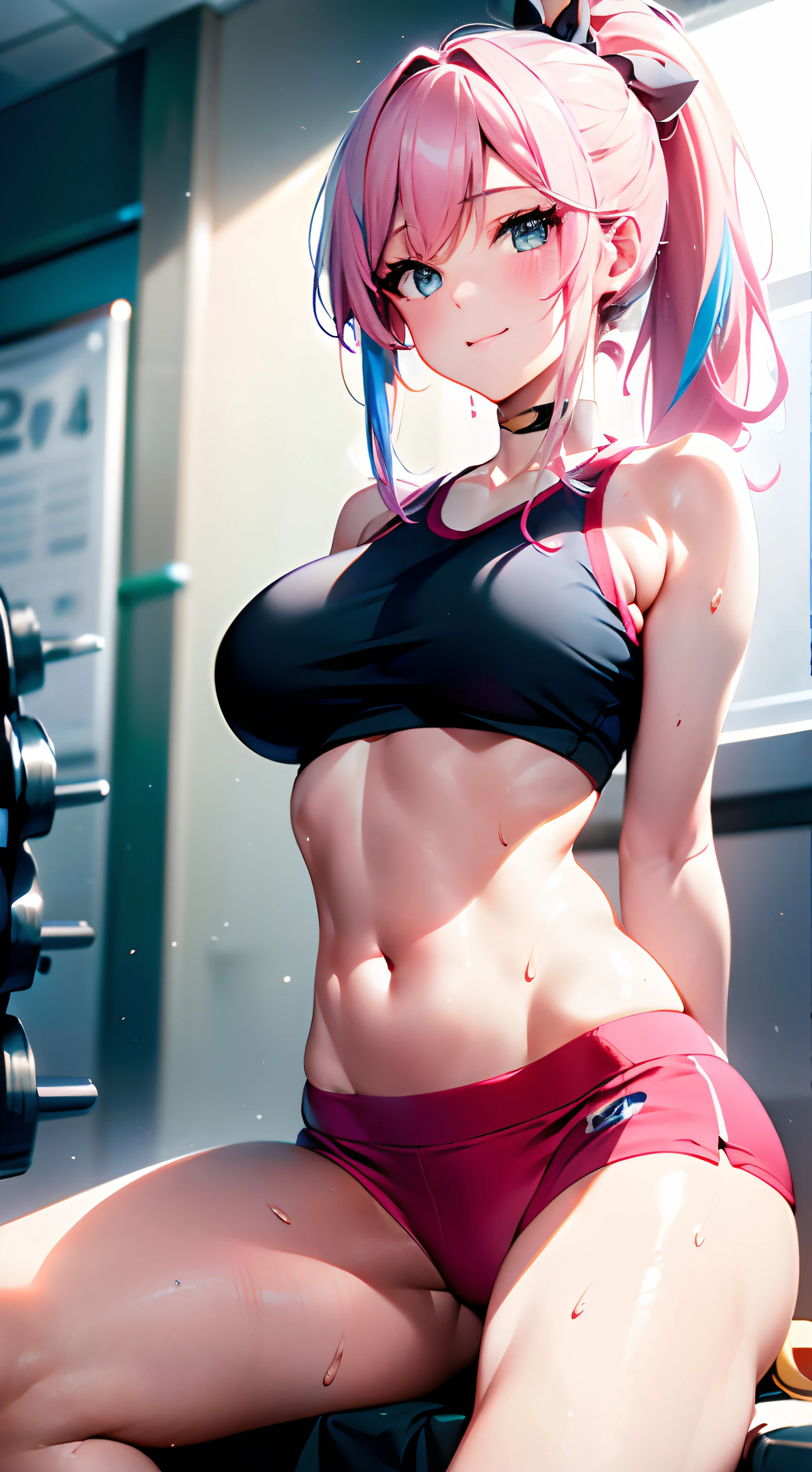 ((30-year-old mature woman,)), (a matural female)), Bright light, (Perfect body : 1.1), (full bodyesbian), (Short wavy hair:1.2, , Pink and blue and white mesh hair, Thin net), The skin is pale，Full body shot,Exposing the abdomen，There are complex tattoos on the lower abdomen，long leges，Straight chest，Stand or sit or lie down，Use fitness equipment to build muscles， ((White or blue or black or pink or red leggings, Sportswear or sports shorts), (Sweat), (Very detailed CG 8k wallpaper), (Extremely Delicately Beautiful)(Best quality:1.0), (超A high resolution:1.0), (hentail realism), beautiful lightning ,Perfect lightning, Realistic shadows, [A high resolution], Detailed skin, Ultra-detailed,), (Beautiful hair, Wavy hair, Real hair, detailed hairs, High ponytail), fine collar bone, Beautiful breasts, Blush, Photorealistic, Realistic face, Beautiful face, Realistic eyes,largeeyes, Cute smile, (((Colorful))) (in  the gym), with fair skin，Pale skin, (Childlike face),Inside the lively gym，Face the audience head-on，