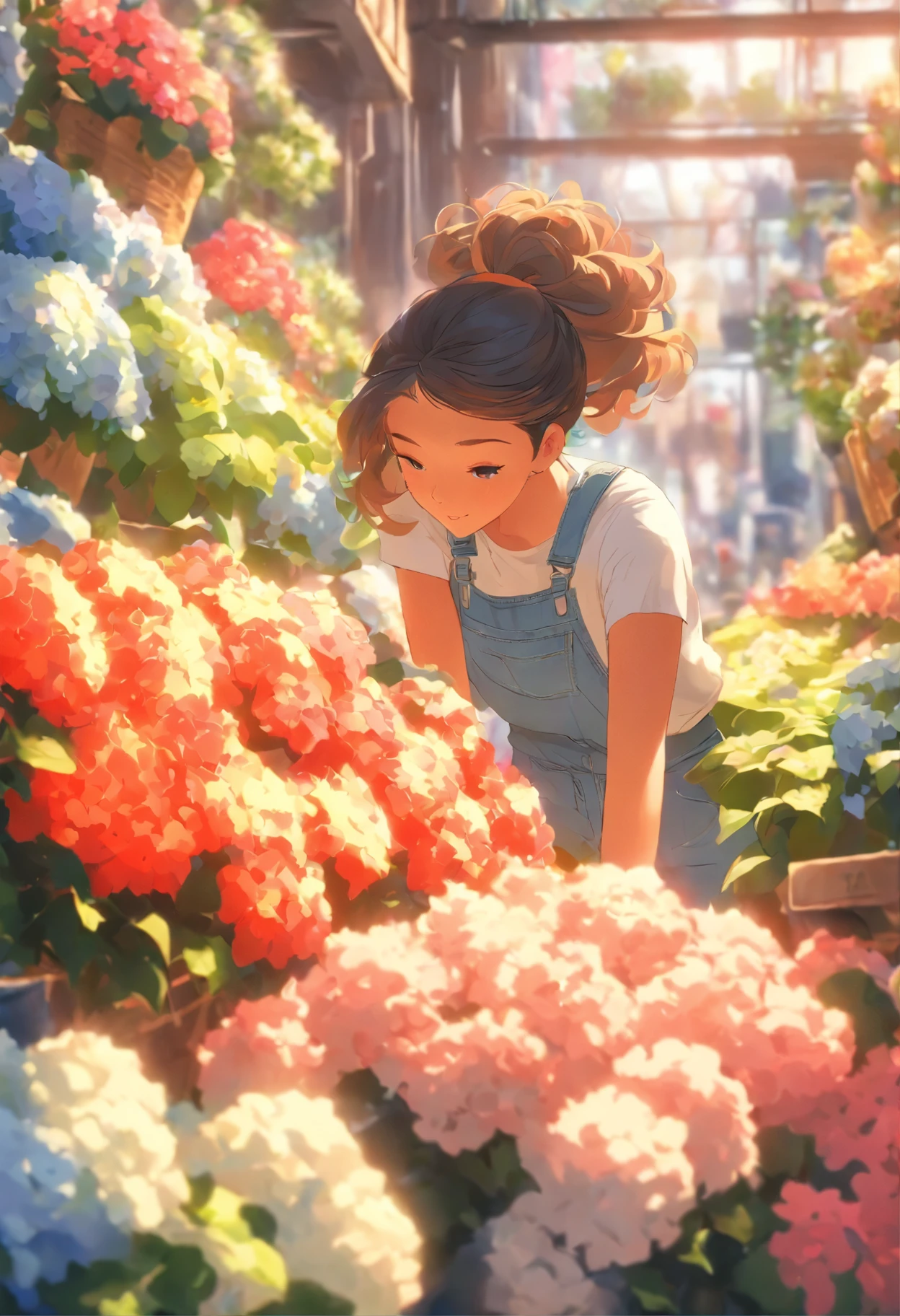 Flower shop、A girl in loose denim worker pants tending to hydrangeas