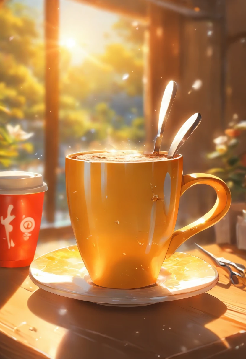 coffee cup, pliers, wooden table, sunshine, vase
