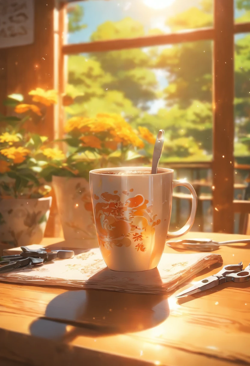coffee cup, pliers, wooden table, sunshine, vase