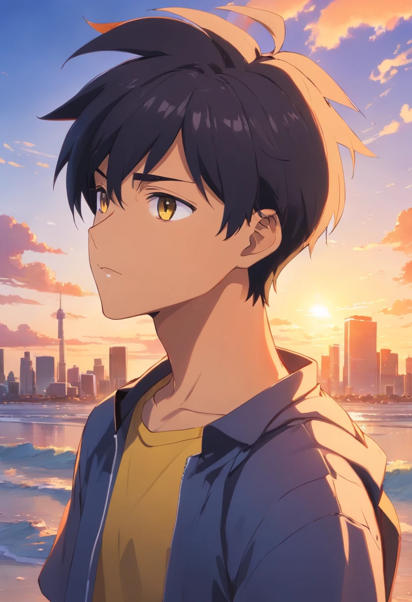 Anime black male with a yellow shirt and a black hair, black teenage boy, spiky dreadlock hair and dark skin, detailed character portrait, a character portrait, halfbody portrait, stylized portrait, halfbody headshot, he wearing an cool orange shirt and has headphones around his neck, illustration of an black teenager on beautiful sunset background,looking at viewer
