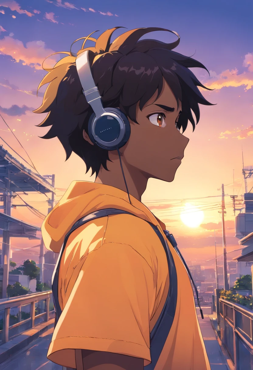 Anime black male with a yellow shirt and a black hair, black teenage boy, spiky dreadlock hair and dark skin, detailed character portrait, a character portrait, halfbody portrait, stylized portrait, halfbody headshot, he wearing an cool orange shirt and has headphones around his neck, illustration of an black teenager on beautiful sunset background,looking at viewer