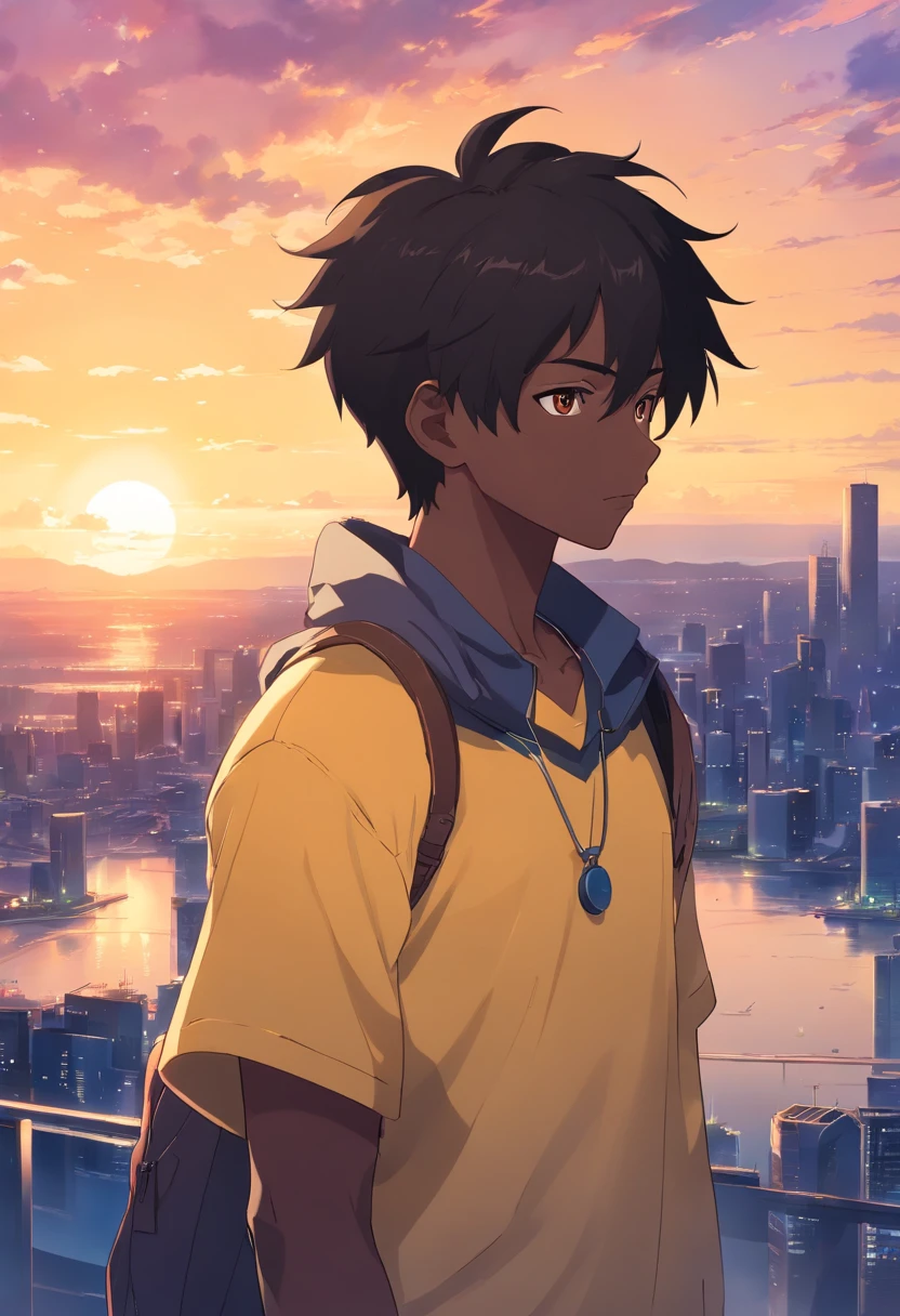 Anime black male with a yellow shirt and a black hair, black teenage boy, spiky dreadlock hair and dark skin, detailed character portrait, a character portrait, halfbody portrait, stylized portrait, halfbody headshot, he wearing an cool orange shirt and has headphones around his neck, illustration of an black teenager on beautiful sunset background,looking at viewer