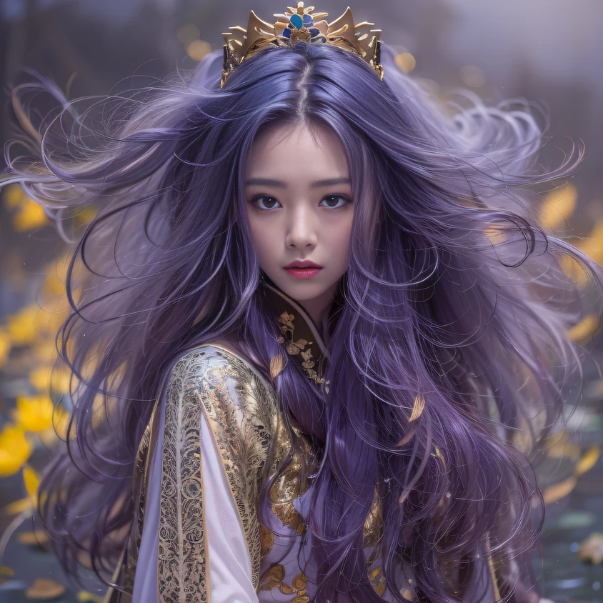 Cornmeal glass 32K(tmasterpiece,k hd,hyper HD,32K)Long flowing bright purple hair,Autumn Pond,zydink, a color, Asian people (Kizi), (Red scarf), Combat posture, looking at the ground, long whitr hair, Floating bright purple, Fire cloud pattern gold tiara, Chinese long-sleeved gold silk garment, (abstract ink splash:1.2), white backgrounid,Lotus protector(realisticlying:1.4),Bright purple hair,Smoke on the road,The background is pure, A high resolution, the detail, RAW photogr, Sharp Re, Nikon D850 Film Stock Photo by Jefferies Lee 4 Kodak Portra 400 Camera F1.6 shots, Rich colors, ultra-realistic vivid textures, Dramatic lighting, Unreal Engine Art Station Trend, cinestir 800,Long flowing bright purple hair