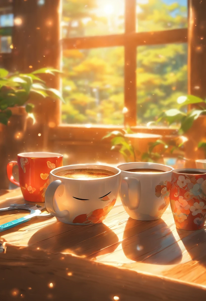 coffee cup, pliers, wooden table, sunshine, vase