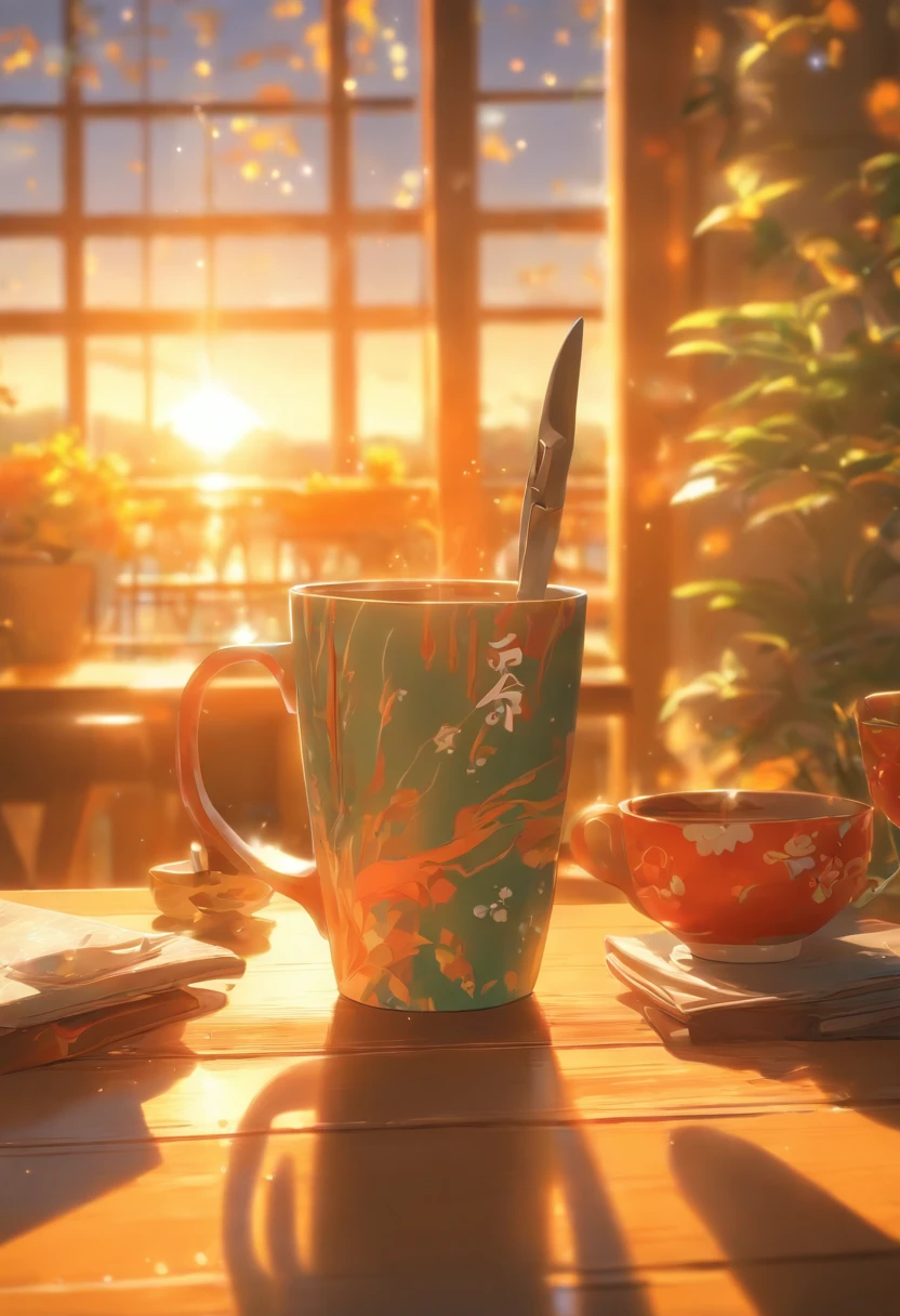 coffee cup, pliers, wooden table, sunshine, vase