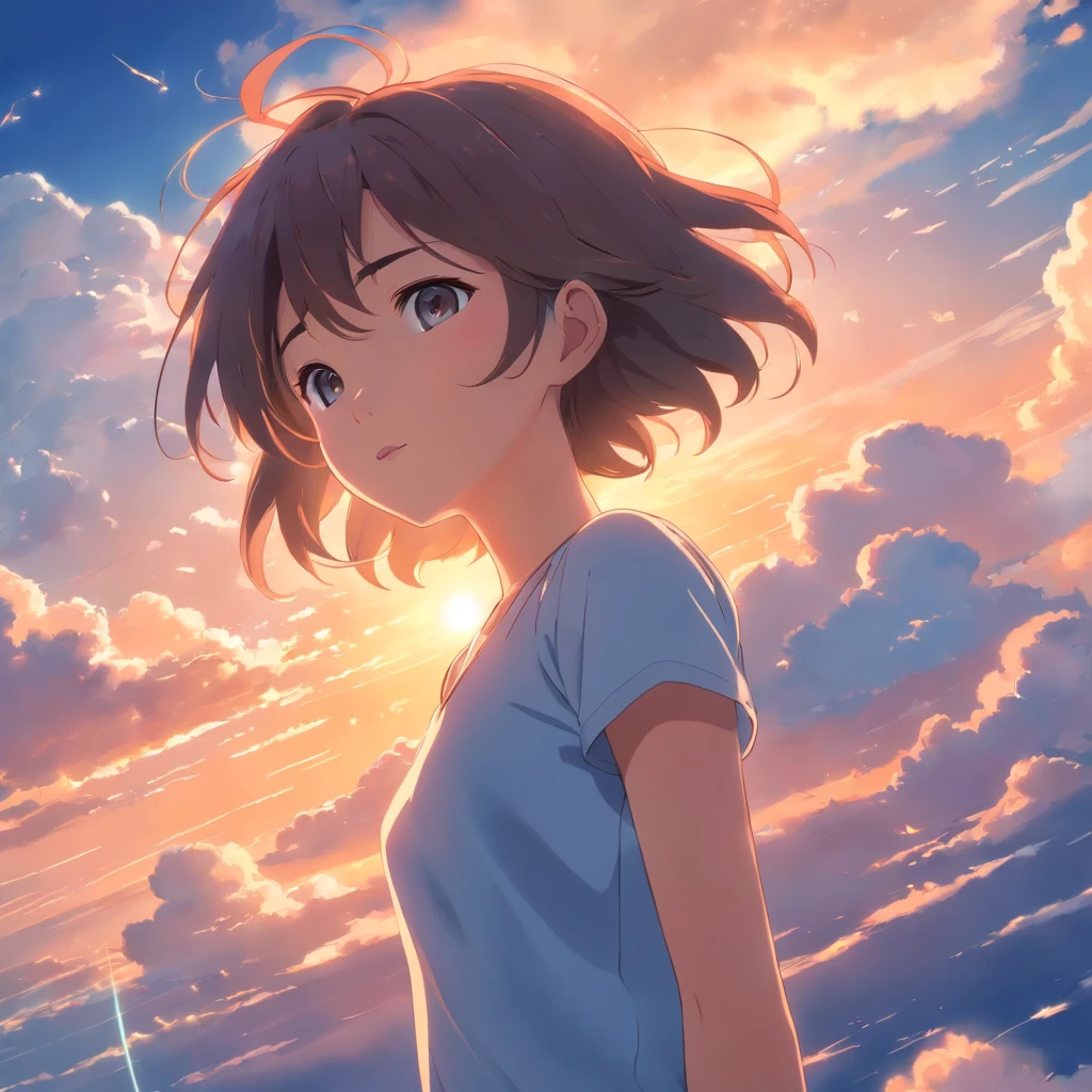masterpiece, best quality, movie still, 1girl, cloud girl, floating in the sky, close-up, bright, happy, warm soft lighting, sunset, (sparks:0.7) nsfw,naked,nakedness