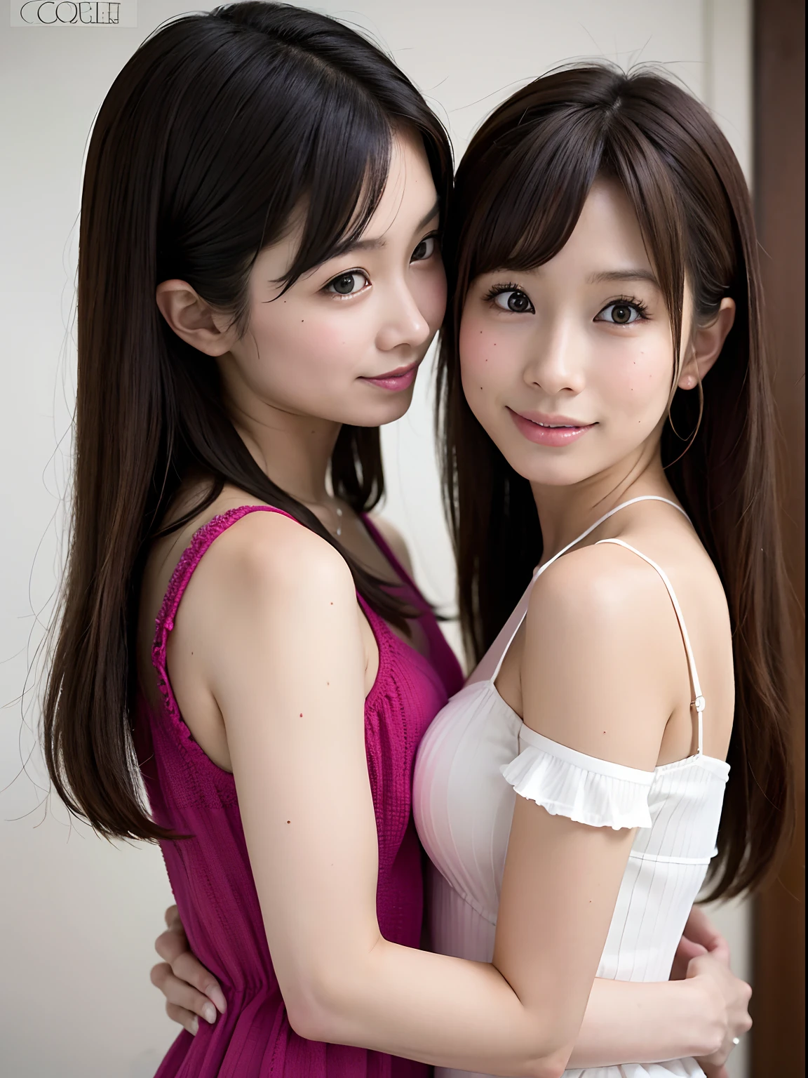 "Capture moments of passion and intimacy: Japan Beautiful Girl Identical Twin Sisters, sixteen years old, Deeply in love, Hug tightly, Share a passionate kiss."