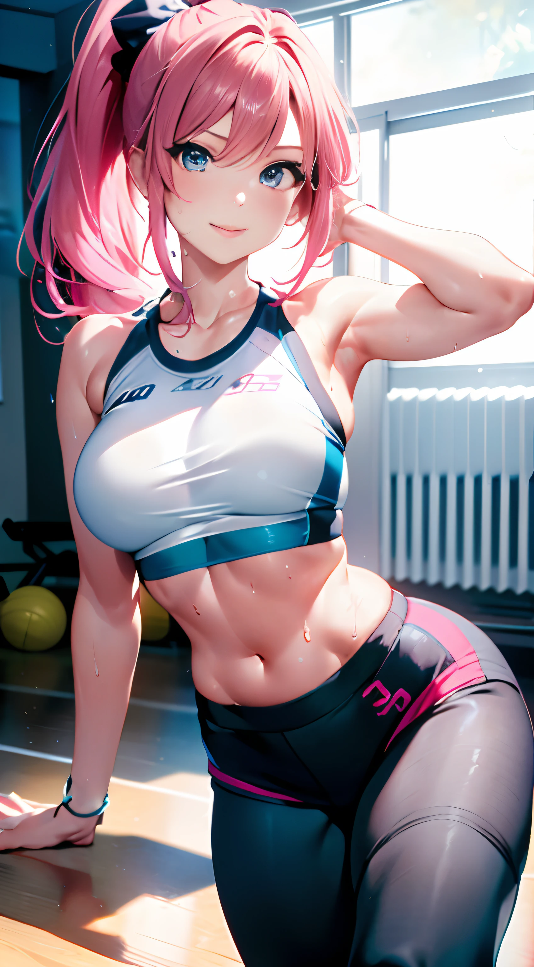 Best Quality, Masterpiece, Portrait, Perfect Anatomy, Femininity, Cool, Flawless, One Woman, Solo, Sexy, Stylish, Mature, Purple Eyes, Long Light Pink Hair, Big Breasts, Girl at the Gym, Water Drops, Sweat, Wet, abs, dumbbells, gym, sexy sports outfit, wet nipples, cutout top, big breasts, Long Light Pink Hair