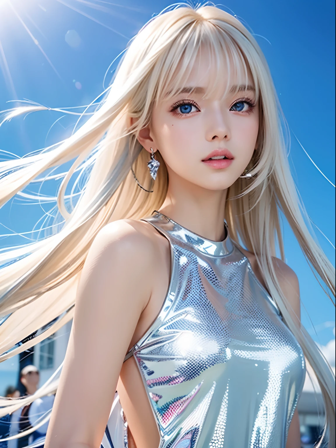 1 girl、porate、Student clothes、blue-sky、Bright and very beautiful face、年轻, shiny white shiny skin、Best Looks、Blonde hair with dazzling light reflection、Beautiful platinum blonde hair is super long silky straight shiny、Long bangs、Very beautiful 17 year old、Big eyes that shine crystal clear light blue、Beautiful cute beautiful girl