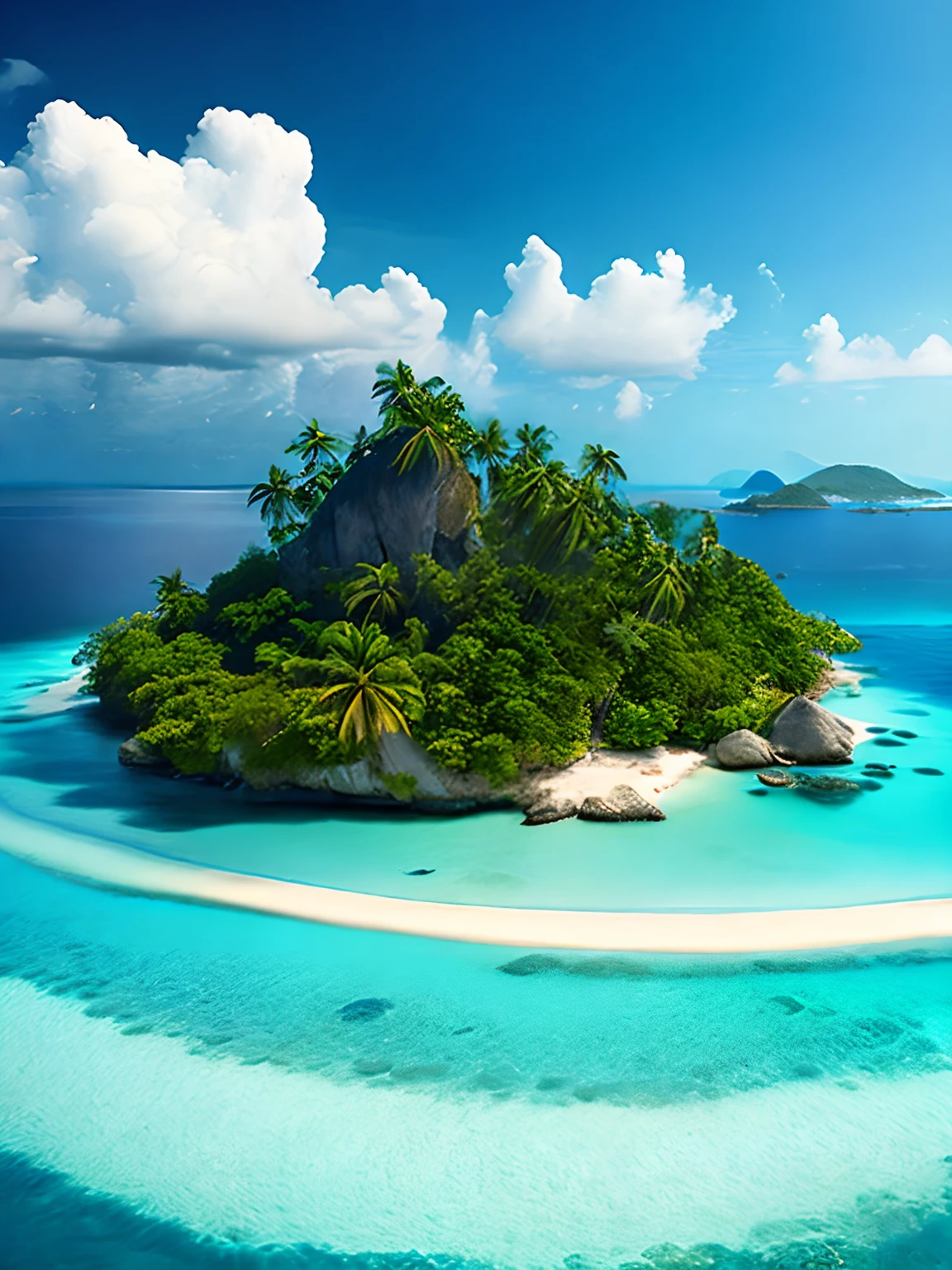 Arafede Island with palm trees and sandy beaches，There is a house， tropical island， epic matte painting of an island， island in a blue sea， an island floating in the air， island landscape， island floating in the sky， island background， Monsoon on a tropical island， an island in the background， floating islands， tropical location， islands， Island with caves， many islands， No Man， The tree， Clouds， Skysky， exteriors， scenecy， daysies， palmeiras， the ocean， Eau， sea beach， blue-sky， horizon， mostly cloudy sky， naturey， sand，Someone is playing，swimmning