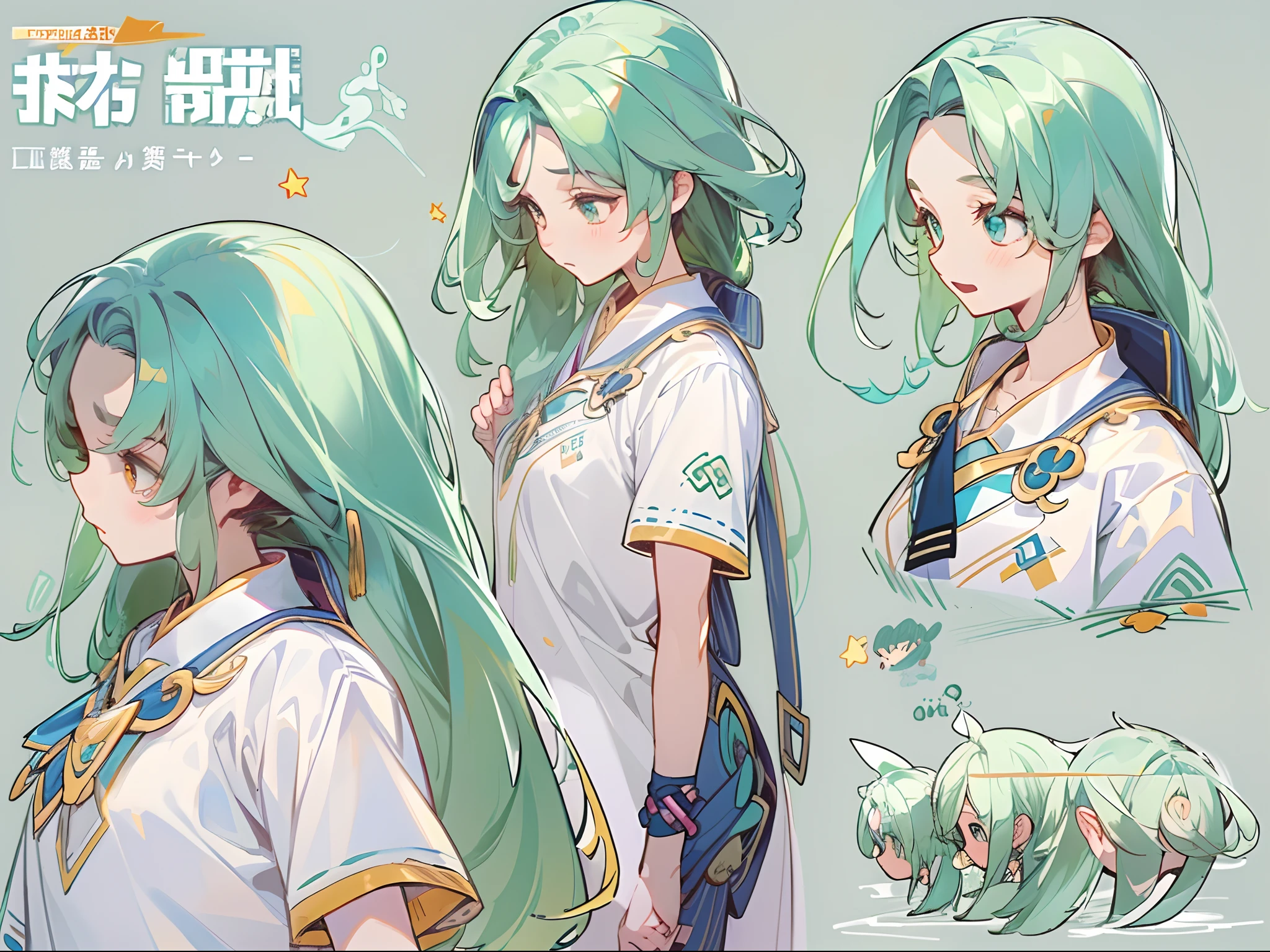 ((masterpiece)),(((best quality))),(character design sheet, same character, front, side, back), illustration, 1 girl, hair color, bangs, hairstyle fax, eyes, environment change scene, Hairstyle Fax, Pose Zitai, Female, Shirt Shangyi, Star, Charturnbetalora, (simple background, white background: 1.3), --6