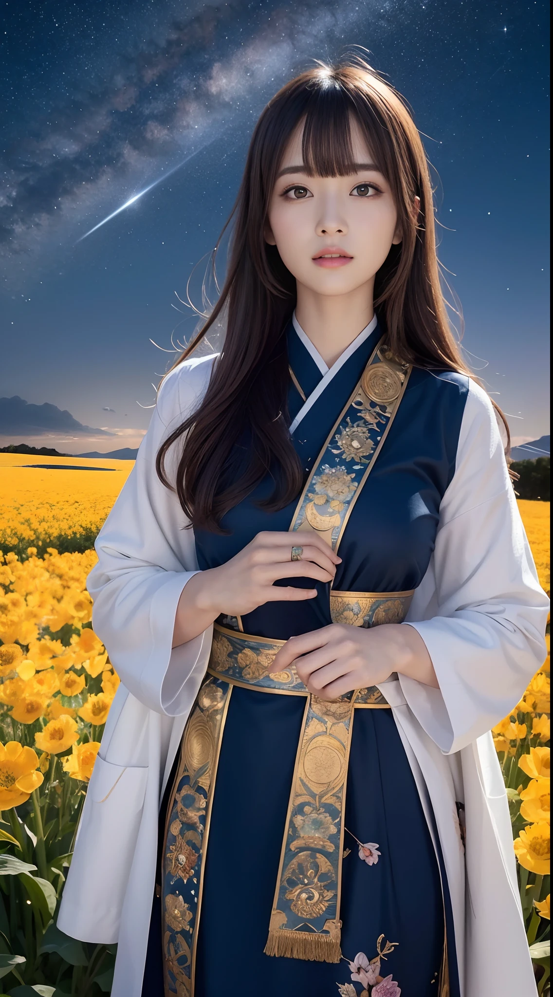 (RAW Photo, Best Quality), (Realistic, Photo Realistic: 1.3), Best Quality, Highly Detailed, Masterpiece, Ultra Detailed, Illustration, 1 Girl, upper_body, Dynamic Angle, World Mastery Theater, messy_long_hair, Best Quality, Extremely Detailed CG Unified 8k Wallpaper, Ink, Amazing, Movie Lights, lens_flare, dunhuang_style, Detailed Face, Beautiful Rendering of Tang Dynasty, (deliberate expression: 1.5), standing in a flower field, (looking up at the starry sky: 1.2), fireflies, floating scarves, Sony master shots, a woman posing for a picture in front of a tv, inspired by Fei Danxu, aesthetic!!!!!! female genie, brown hair and bangs, high definition screenshot, nicovideo, normal hands, vivic colors, full face shot of rimuru tempest, nice studio lighting, vhs screencap, beautiful fine - face, nami, ar