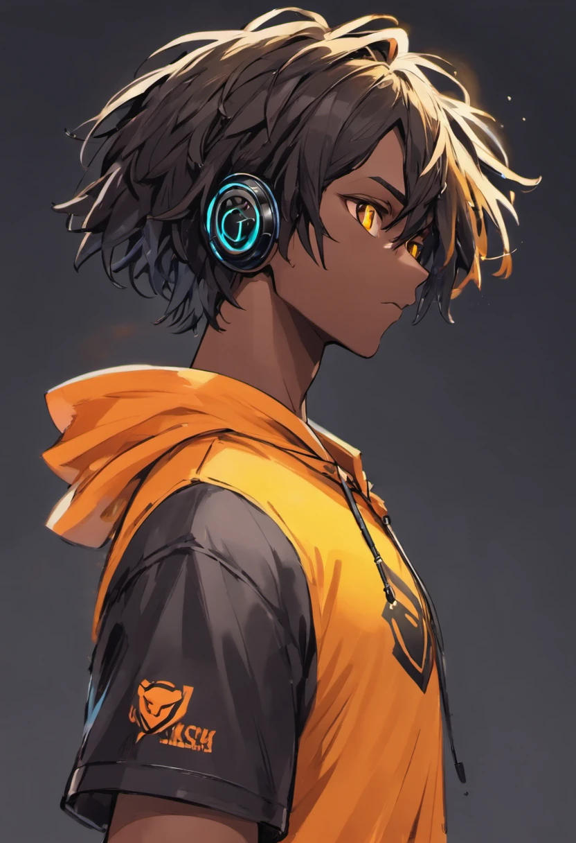 Anime black male with a yellow shirt and a black hair, black teenage boy, short dreadlock hairstyle that covers the left side of his face and dark skin, detailed character portrait, a character portrait, halfbody portrait, stylized portrait, halfbody headshot, he wearing an cool orange shirt with black sleeves and has headphones around his neck, illustration of an black teenager on beautiful sunset background,looking at viewer