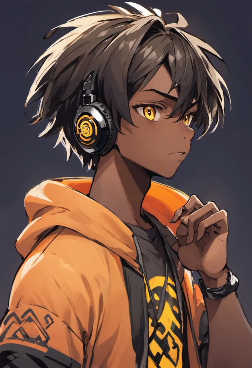 Anime black male with a yellow shirt and a black hair, black age boy, short dreadlock hairstyle that covers the left side of his face and dark skin, detailed character portrait, a character portrait, halfbody portrait, stylized portrait, halfbody headshot, he wearing an cool orange shirt with black sleeves and has headphones around his neck, illustration of an black teen on beautiful sunset background,looking at viewer