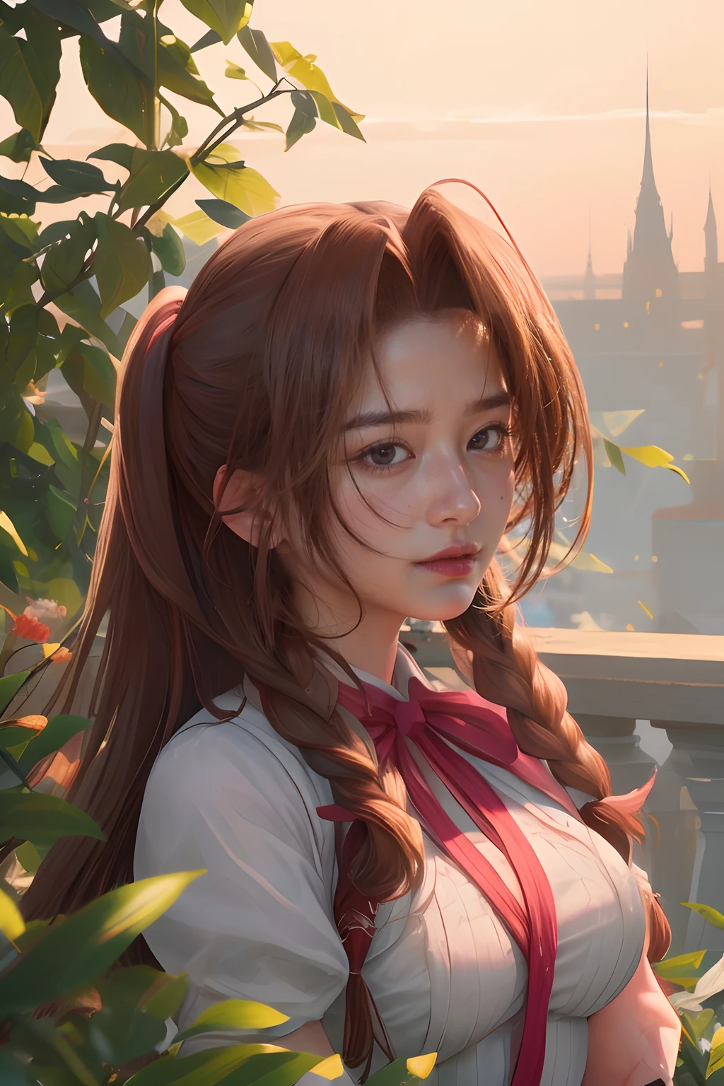 8k, RAW photo, portrait, best quality, ultra high res, photorealistic, intricate details, candid photography, Aerith Gainsborough from Final Fantasy VII,