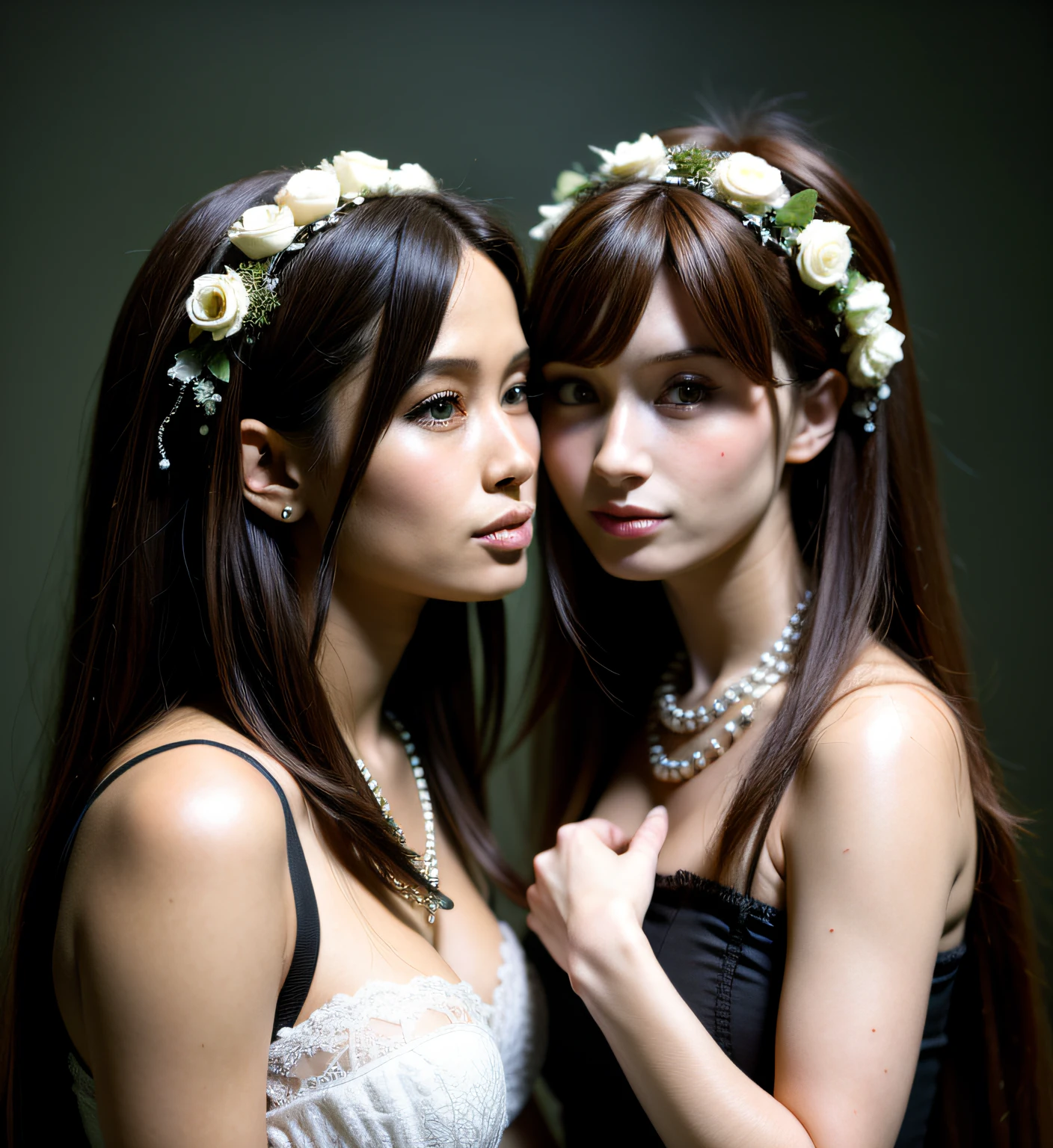 glue, simple background, Portrait, 2 girls, a couple, Kissing, Girl with long hair, Black eyes、Beautiful Gothic girl, gothic aesthetic, Beautiful Girl, very beautiful fantasy art, Beautiful and elegant woman gothic, beautiful detailed fantasy, Black and green flavors, green colored theme