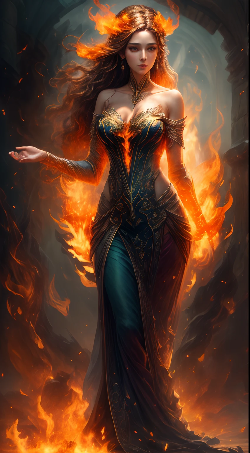 This is a realistic work of fantasy art,Highlight the flame of realism, Includes a wisp of flame, Blazing embers, Subtle smoke curls, There is also a beautiful fire druid. The druids stood in a raging hell,interesting composition. Her face is professionally sculpted, With elegant and delicate facial features and perfect shadows and realistic skin texture. Her long gown is stunning and expensive, Made from pure flame and sparkling flame, Gorgeous jewelry shines in the firelight. Her billowing gown sparkled in the flames,The upper body is embroidered with delicate and intricate embroidery,There is a wisp of flame on it。. Including fantastical elements such as bumps, Stones, Blazing rainbow colors, Glowing embers, Silk, and an interesting background. Including fiery magical creatures,Like fiery birds and fiery butterflies,Exudes a magical and mysterious atmosphere. lighting: Take advantage of the latest lighting trends to enhance the beauty of your artwork. camera: Use dynamic composition to create a sense of urgency and excitement. Take inspiration from the current masters of the fantasy genre, Including popular artists on Artstation and Midjourney. ((Masterpiece))