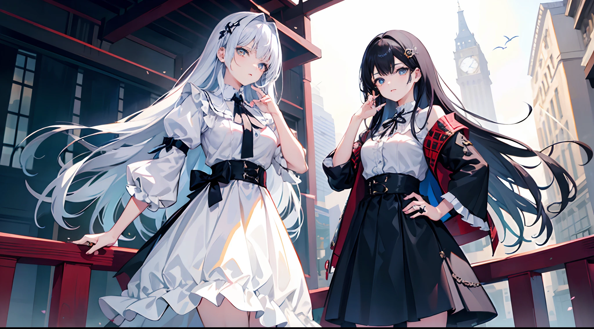 masterpiece、top-quality、ultra-detailliert、
Very beautiful anime face and eyes、cowboy shot、Close-up of people、to stand、Clean posture、Turn your palm with your left hand、Put your right hand on your hip、Adds gloss to the skin、femele、A slender、Cool Face、Long hair、Straight hair、Black hair、Two-color hair color、hairaccessories、Contemptuous look、Looking down on viewers、extremely detailed eye、normal hands、Colossal tits、Ring on the ring finger of the left hand、White shirt without sleeves,frills skirt、shoes、a park、Background image is blurry