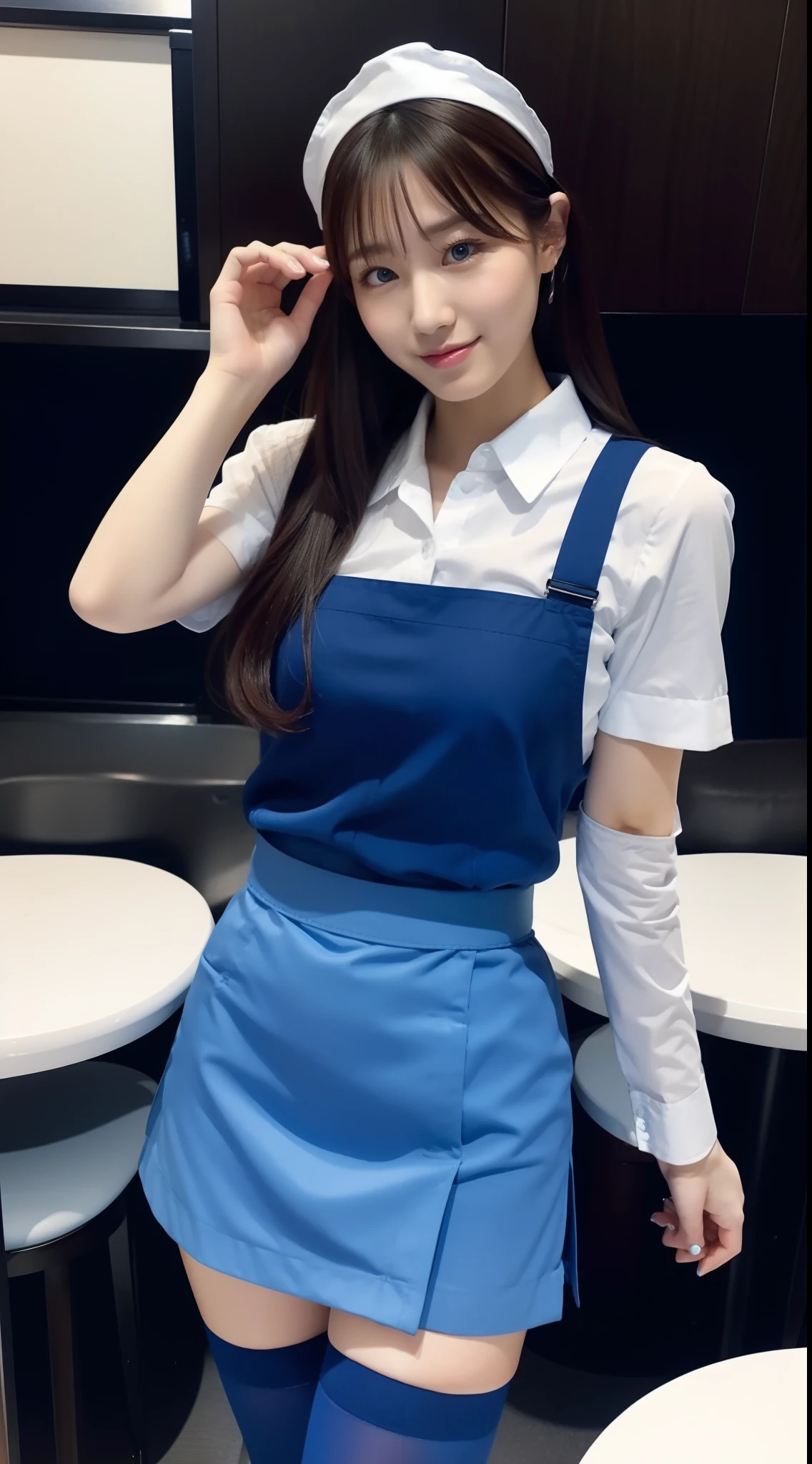 Waitress in a blue miniskirt