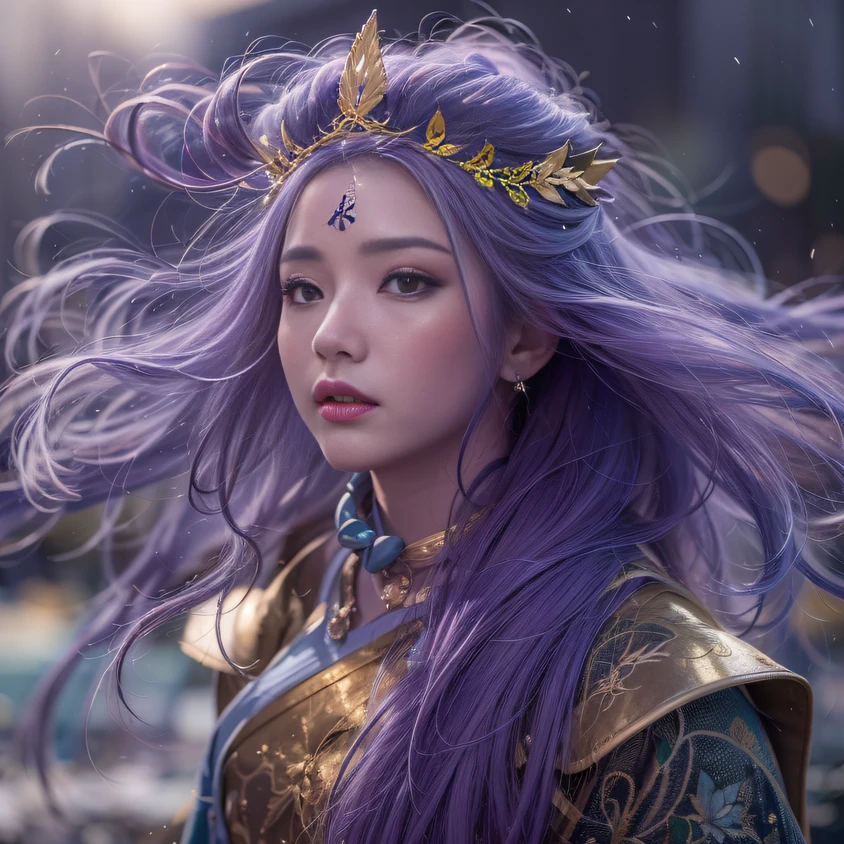 Cornmeal glass 32K(tmasterpiece,k hd,hyper HD,32K)Long flowing bright purple hair,Autumn Pond,zydink, a color, Asian people (Kizi), (Red scarf), Combat posture, looking at the ground, long whitr hair, Floating bright purple, Fire cloud pattern gold tiara, Chinese long-sleeved gold silk garment, (abstract ink splash:1.2), white backgrounid,Lotus protector(realisticlying:1.4),Bright purple hair,Smoke on the road,The background is pure, A high resolution, the detail, RAW photogr, Sharp Re, Nikon D850 Film Stock Photo by Jefferies Lee 4 Kodak Portra 400 Camera F1.6 shots, Rich colors, ultra-realistic vivid textures, Dramatic lighting, Unreal Engine Art Station Trend, cinestir 800,Long flowing bright purple hair