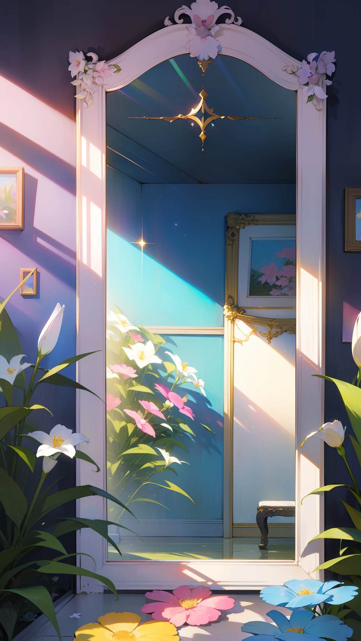 ((Masterpiece,Best quality,modern)), 
darkly、sobu、llight rays、janelas、cranny、on the wall、mirrors、shine upon、sight、brightly、trpical garden、flowers blooming、and the sun was shining brightly、coloured with lots of colour、fantasy、Not real、to contrast、tell、Realistis、a sense of mystery。