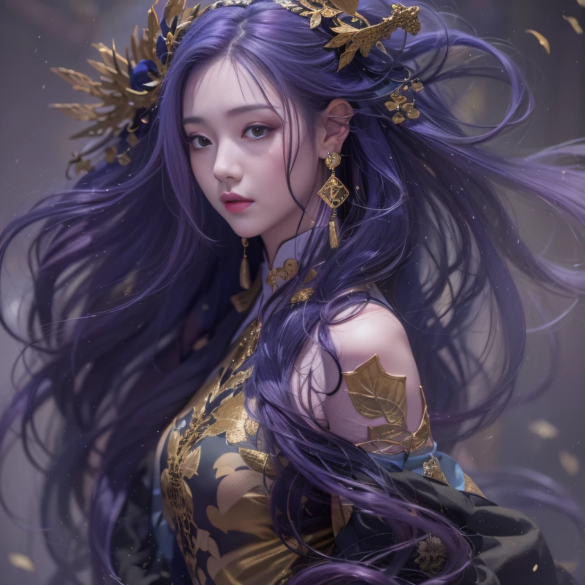 Cornmeal glass 32K(tmasterpiece,k hd,hyper HD,32K)Long flowing bright purple hair,Autumn Pond,zydink, a color, Asian people (Kizi), (Red scarf), Combat posture, looking at the ground, long whitr hair, Floating bright purple, Fire cloud pattern gold tiara, Chinese long-sleeved gold silk garment, (abstract ink splash:1.2), white backgrounid,Lotus protector(realisticlying:1.4),Bright purple hair,Smoke on the road,The background is pure, A high resolution, the detail, RAW photogr, Sharp Re, Nikon D850 Film Stock Photo by Jefferies Lee 4 Kodak Portra 400 Camera F1.6 shots, Rich colors, ultra-realistic vivid textures, Dramatic lighting, Unreal Engine Art Station Trend, cinestir 800,Long flowing bright purple hair