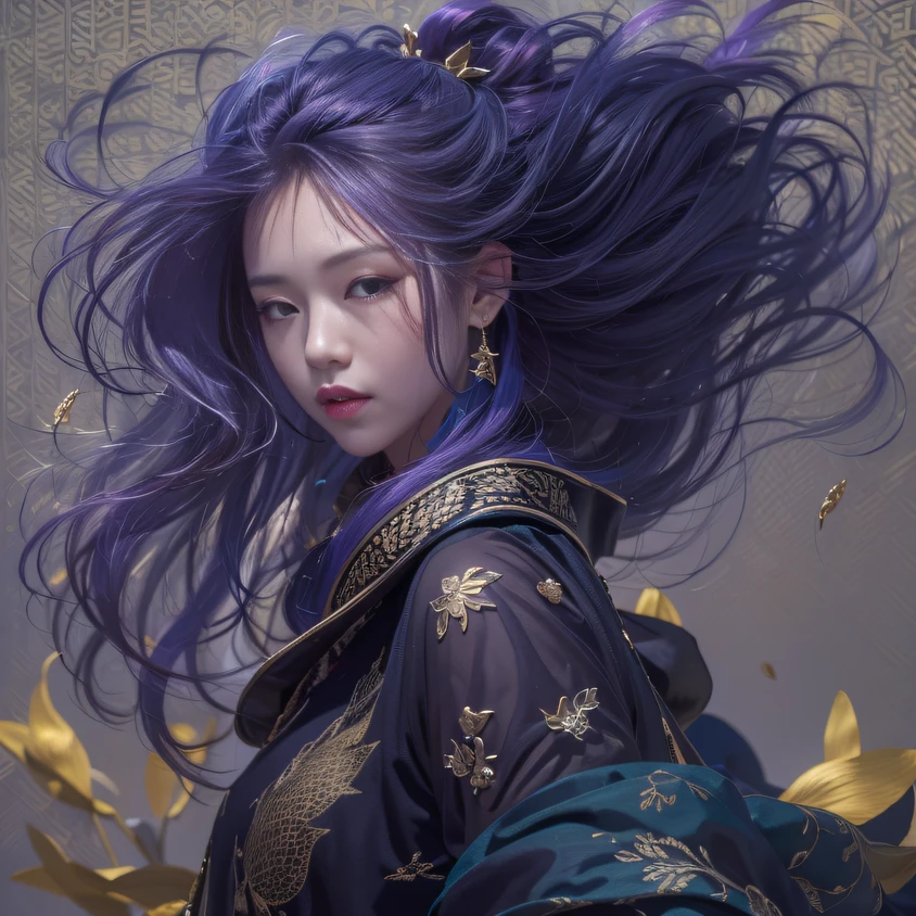 Cornmeal glass 32K（tmasterpiece，k hd，hyper HD，32K）Long flowing bright purple hair，Autumn Pond，zydink， a color， Asian people （Kizi）， （Red scarf）， Combat posture， looking at the ground， long whitr hair， Floating bright purple， Fire cloud pattern gold tiara， Chinese long-sleeved gold silk garment， （abstract ink splash：1.2）， white backgrounid，Lotus protector（realisticlying：1.4），Bright purple hair，Smoke on the road，The background is pure， A high resolution， the detail， RAW photogr， Sharp Re， Nikon D850 Film Stock Photo by Jefferies Lee 4 Kodak Portra 400 Camera F1.6 shots, Rich colors, ultra-realistic vivid textures, Dramatic lighting, Unreal Engine Art Station Trend, cinestir 800，Long flowing bright purple hair