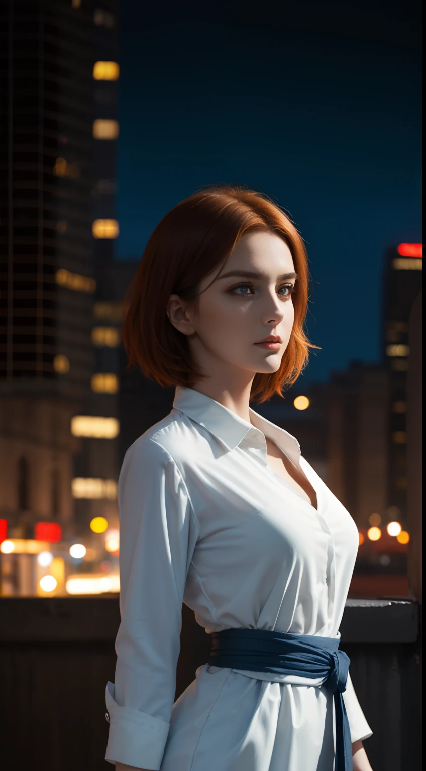 (A beautiful 20-year-old British female assassin), (Short ginger hair), (Pale skin), (serious looking), (Wearing white and blue Assassin costumes), (city at night background), seen from the front, waist up shot, Dynamic pose, Ambient lighting, Photo realism, intricate face details, Intricate hand details, Highly detailed, Vibrant colors, Cinematic, High definition, Popular on art sites - original style