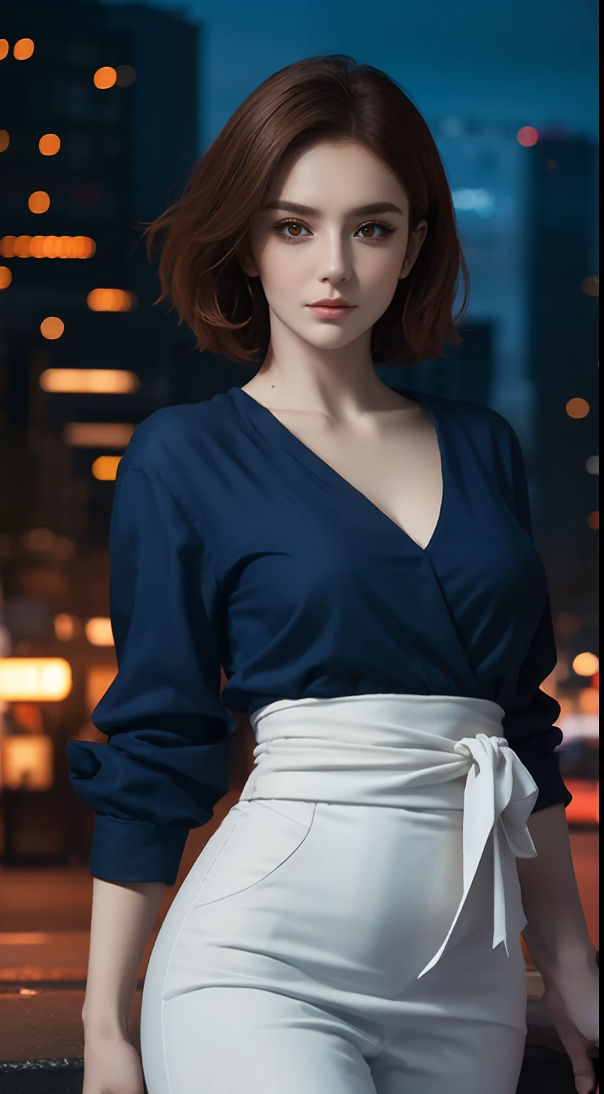 (A beautiful 20-year-old British female assassin), (Short ginger hair), (Pale skin), (serious looking), (Wearing white and blue Assassin costumes), (city at night background), seen from the front, waist up shot, Dynamic pose, Ambient lighting, Photo realism, intricate face details, Intricate hand details, Highly detailed, Vibrant colors, Cinematic, High definition, Popular on art sites - original style