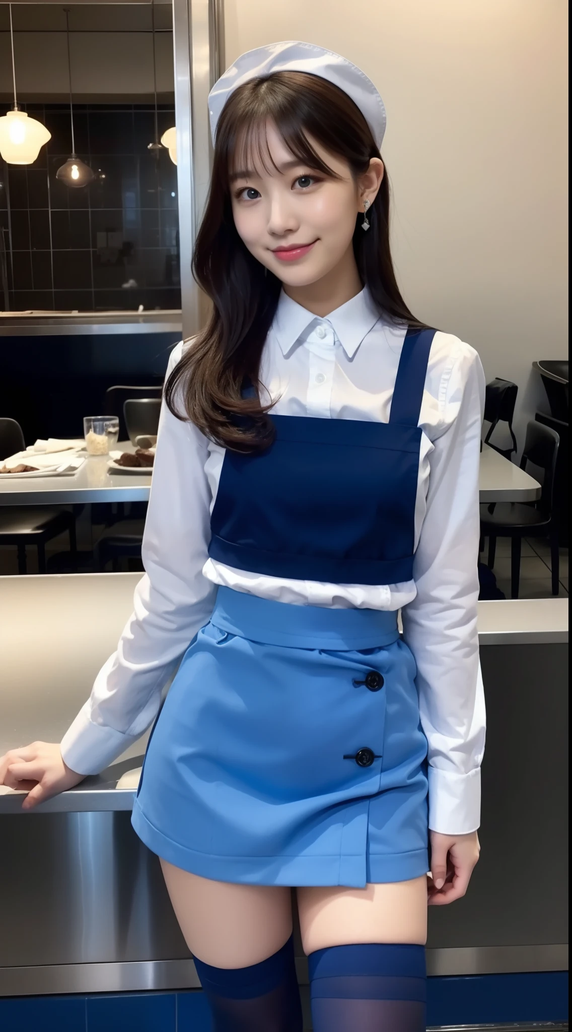 Waitress in a blue miniskirt