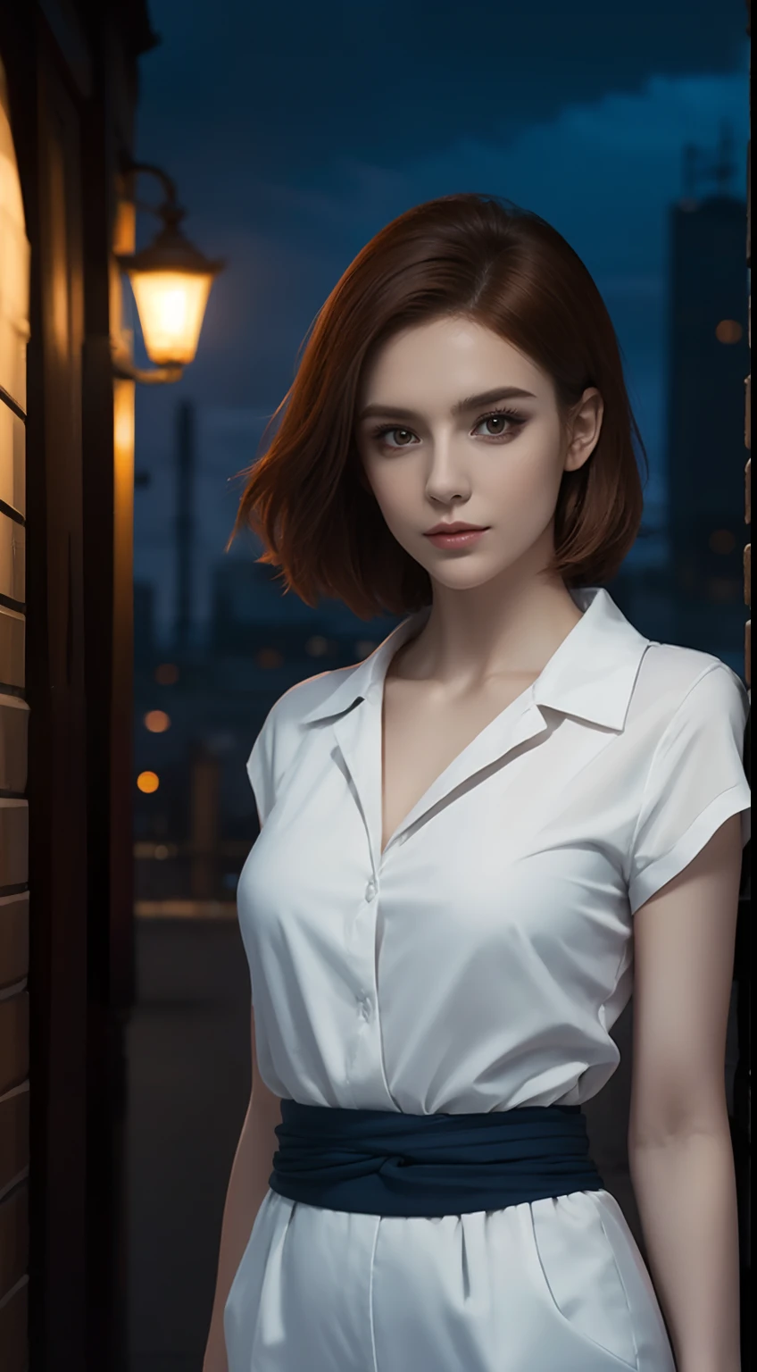 (A beautiful 20-year-old British female assassin), (Short ginger hair), (Pale skin), (serious looking), (Wearing white and blue Assassin costumes), (city at night background), seen from the front, waist up shot, Dynamic pose, Ambient lighting, Photo realism, intricate face details, Intricate hand details, Highly detailed, Vibrant colors, Cinematic, High definition, Popular on art sites - original style