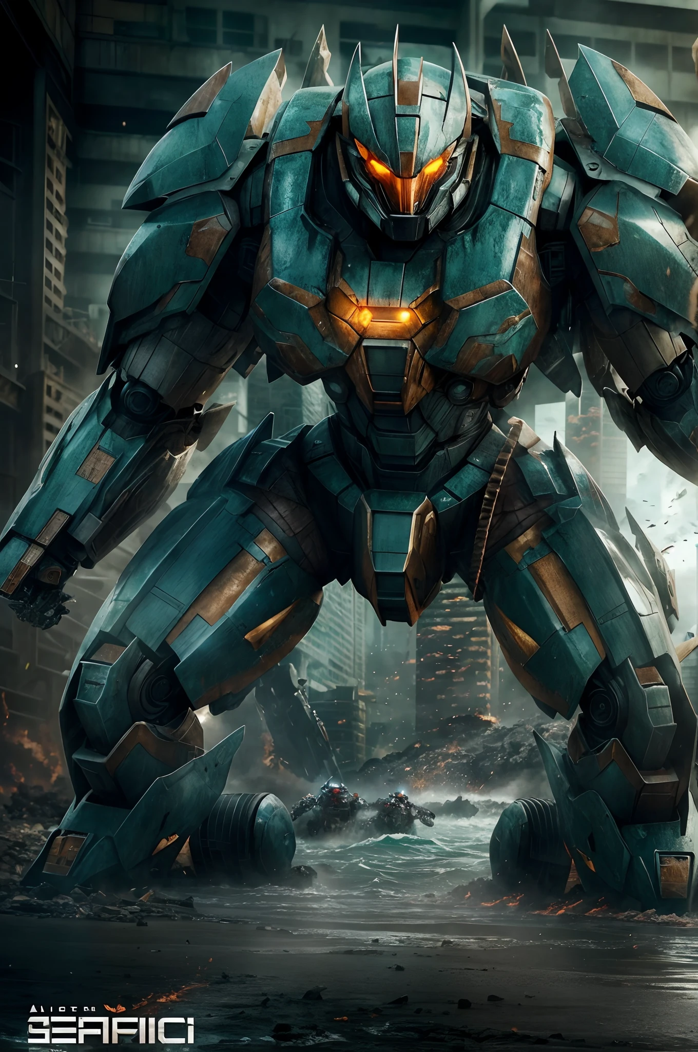 "Pacific Rim: Epic confrontation of colossal monsters and advanced mechs with breathtaking visual effects, batalhas intensas, CGI alucinante, explosive action sequences, Immersive World Building, Exciting ocean scenery, Tecnologia futurista, poderoso Jaegers, Kaijus imponente, massive destruction, Pilotos heroicos, Lutas que enchem adrenalina, Apocalyptic Showdown, cinematic masterpiece."