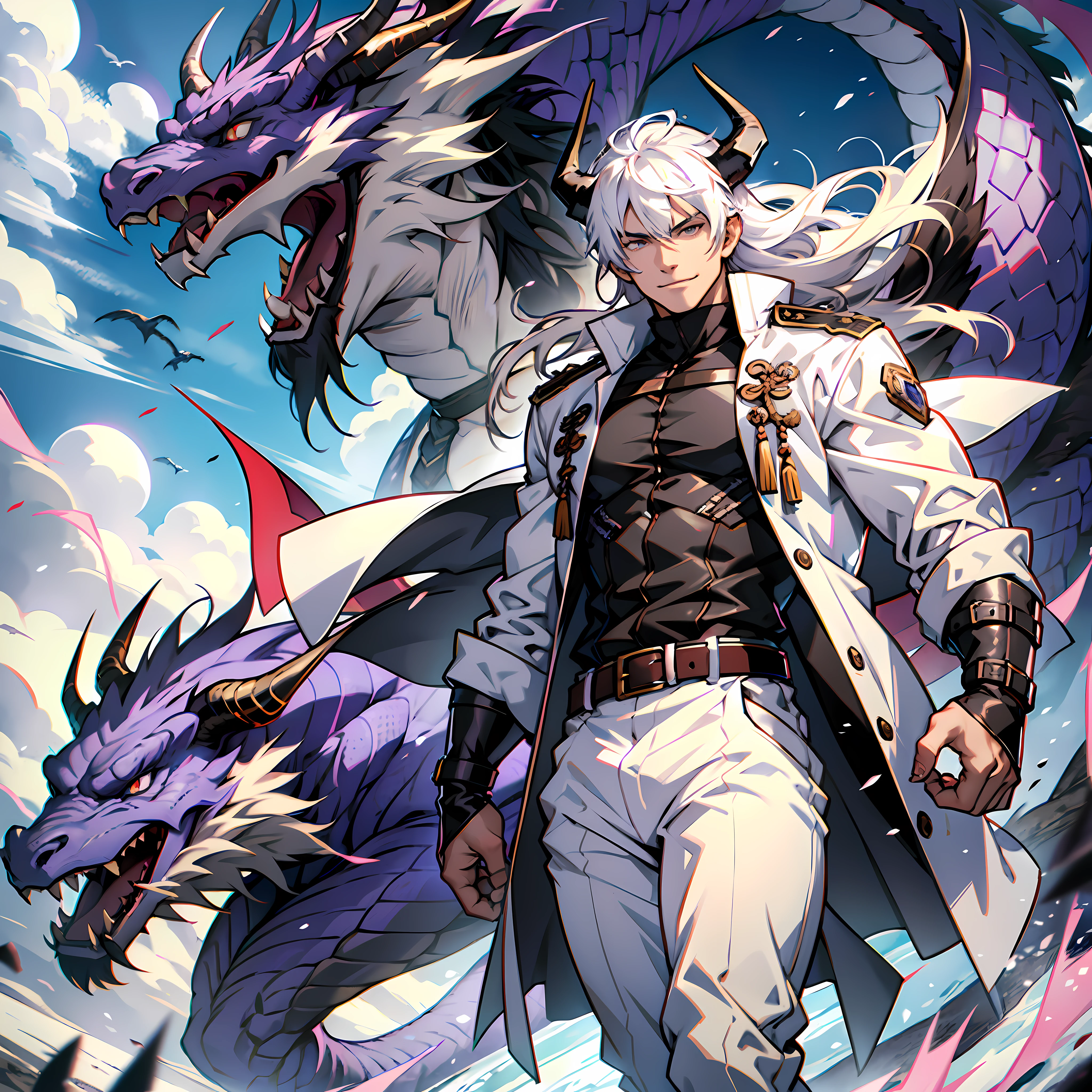 Muscular man, alone, white windbreaker, white long pants, white hair, black locks of hair, Japanese-looking man, dragon horns, violet-colored military boots, evil smile, dark brown eyes, fantasy scenery, walking through the flames of darkness.