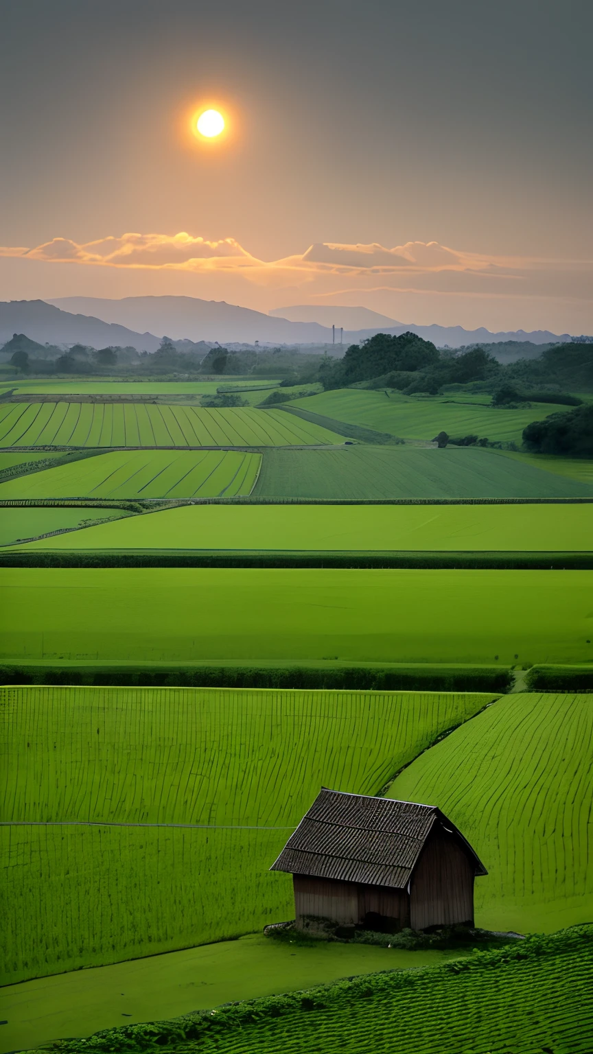 A very poor farmer，Toil in the fields，There are pictures of the rising sun and farmland as well as birds and trees