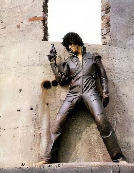 Statue of Elvis Presley holding a gun in front of the wall, futuristic tetsuo, Prince, moonwalker photo, sorayama, Covered with full leather armor, cyberspace cowboy, Magnificent depiction of The Sandman, evil pose, iconic film character, in leather armor, Statue-like pose, Space Cowboy, badass pose, hajime sorayama style