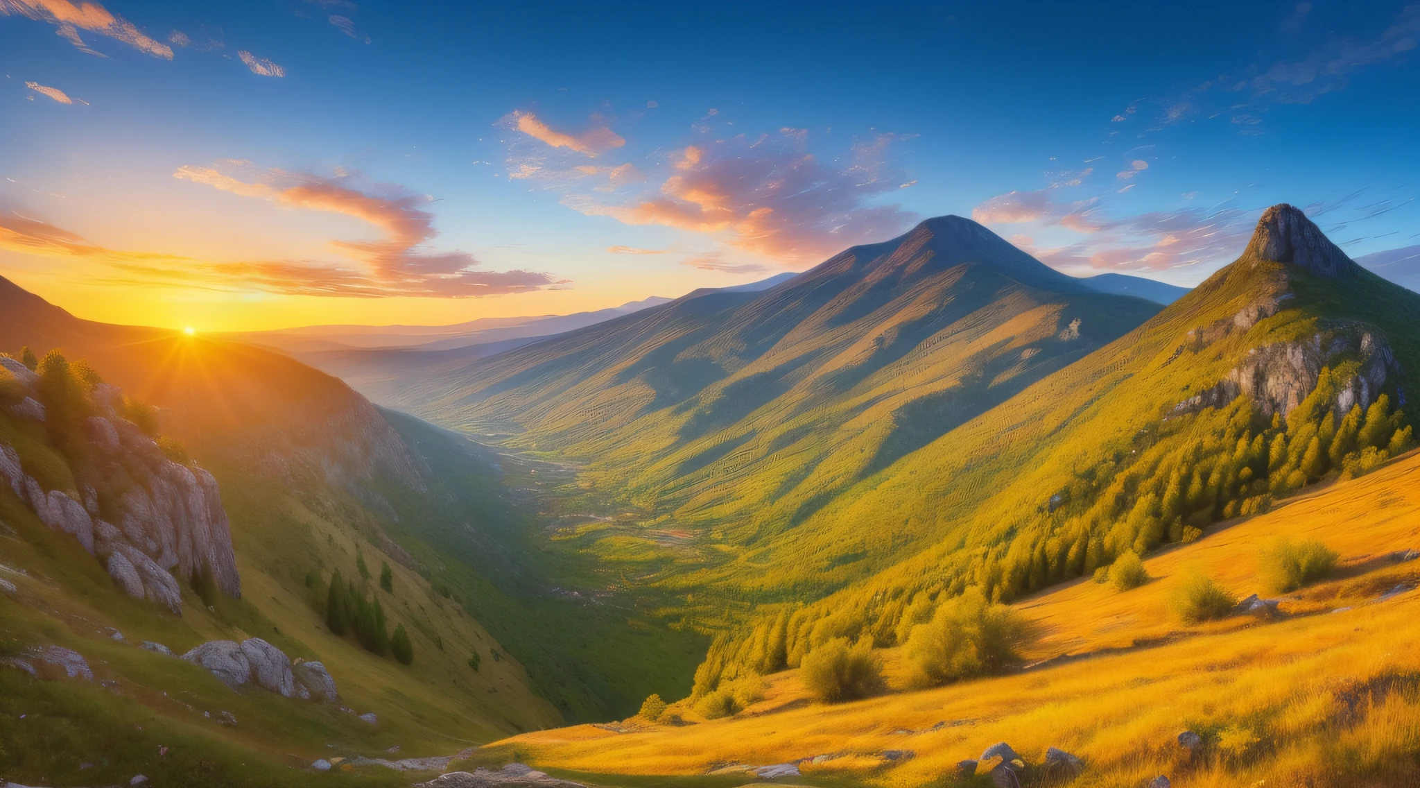 (masterpiece, best quality:1.4),( absurdres, high resolution, ultra detailed:1.2), Photo of a beautiful sunrise over mountain landscape in Thessaly, Greece, mountains, plains, and lakes, stunning natural scenery, (sunrise background), photo realistic, intricate detail, HDR, fantasy art, beautiful, radiant, colorful, serene, hyperdetailed, iridescent, vapor, ethereal, vibrant