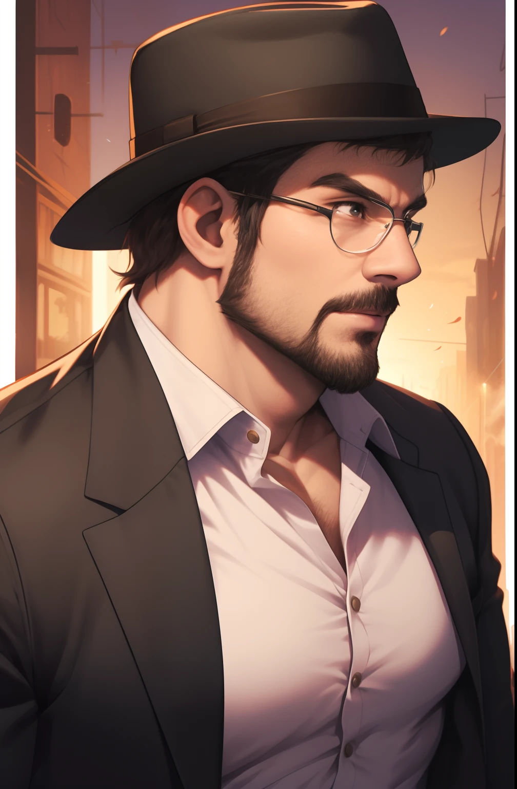 um Homem, 50 anos, forte, pouco gordo , estiloso, With eye Glasses, ((Fedora Hat)), barbudo, perfil, max quality , 8k