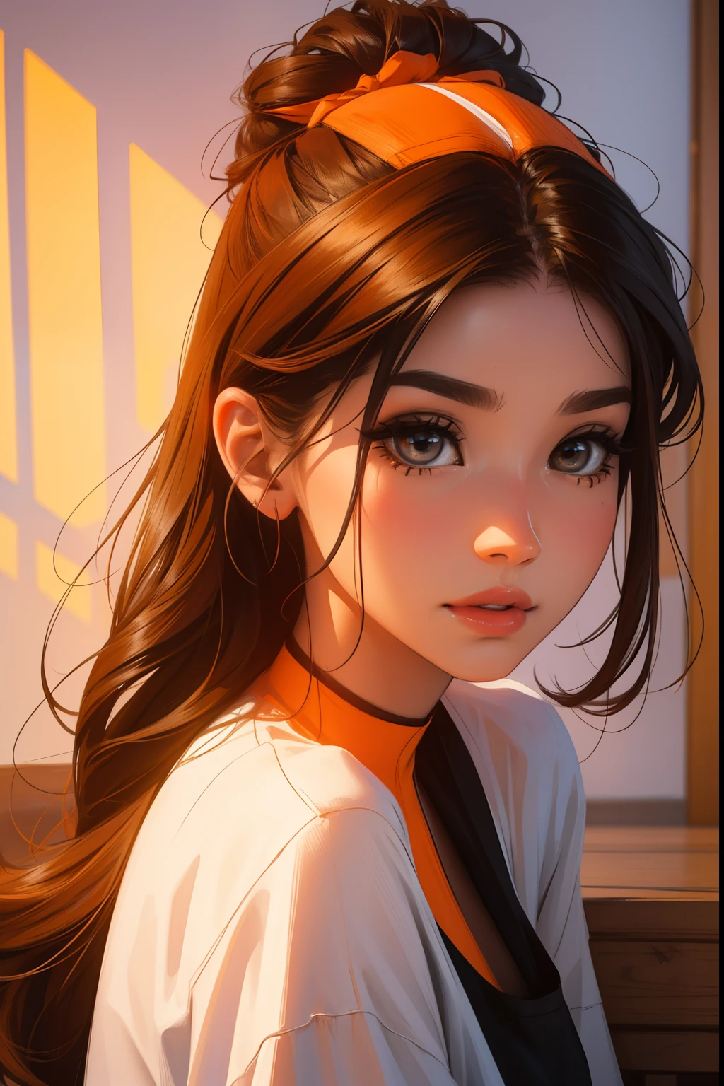 Una chica hermosa con un lazo naranja en el pelo, retrato hd