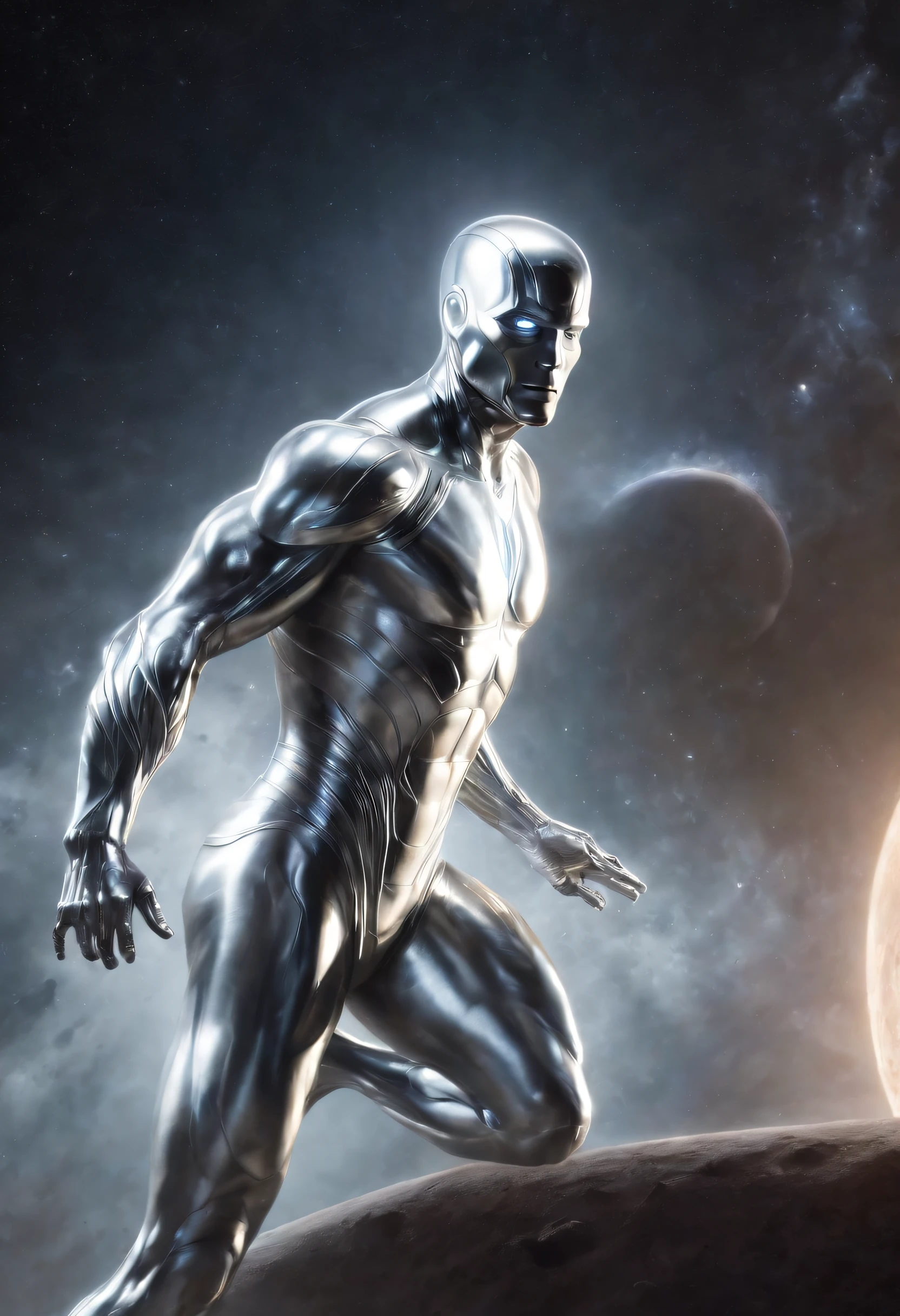 "Capture the awe-inspiring presence of the Silver Surfer from the Fantastic Four comics. Render the Silver Surfer in his iconic silver metallic suit, soaring through the cosmos on his surfboard. Make sure to emphasize the sleek, reflective surface of his suit, with intricate detailing. Set against a backdrop of swirling galaxies and distant stars, create a sense of cosmic wonder and power. Employ dramatic lighting that highlights the contours of his body and the cosmic energy emanating from him. This should be a high-resolution, ultra-realistic depiction, suitable for a cinematic poster. Utilize a camera setup with a high-end digital camera, a wide-angle lens, and studio-quality lighting to achieve the desired effect. The image should be in 8K resolution, and the final result should have a futuristic and ethereal ambiance. Please ensure that the Silver Surfer is the central focus, radiating both strength and tranquility. --ar 16:9 --v 5 --q 2"