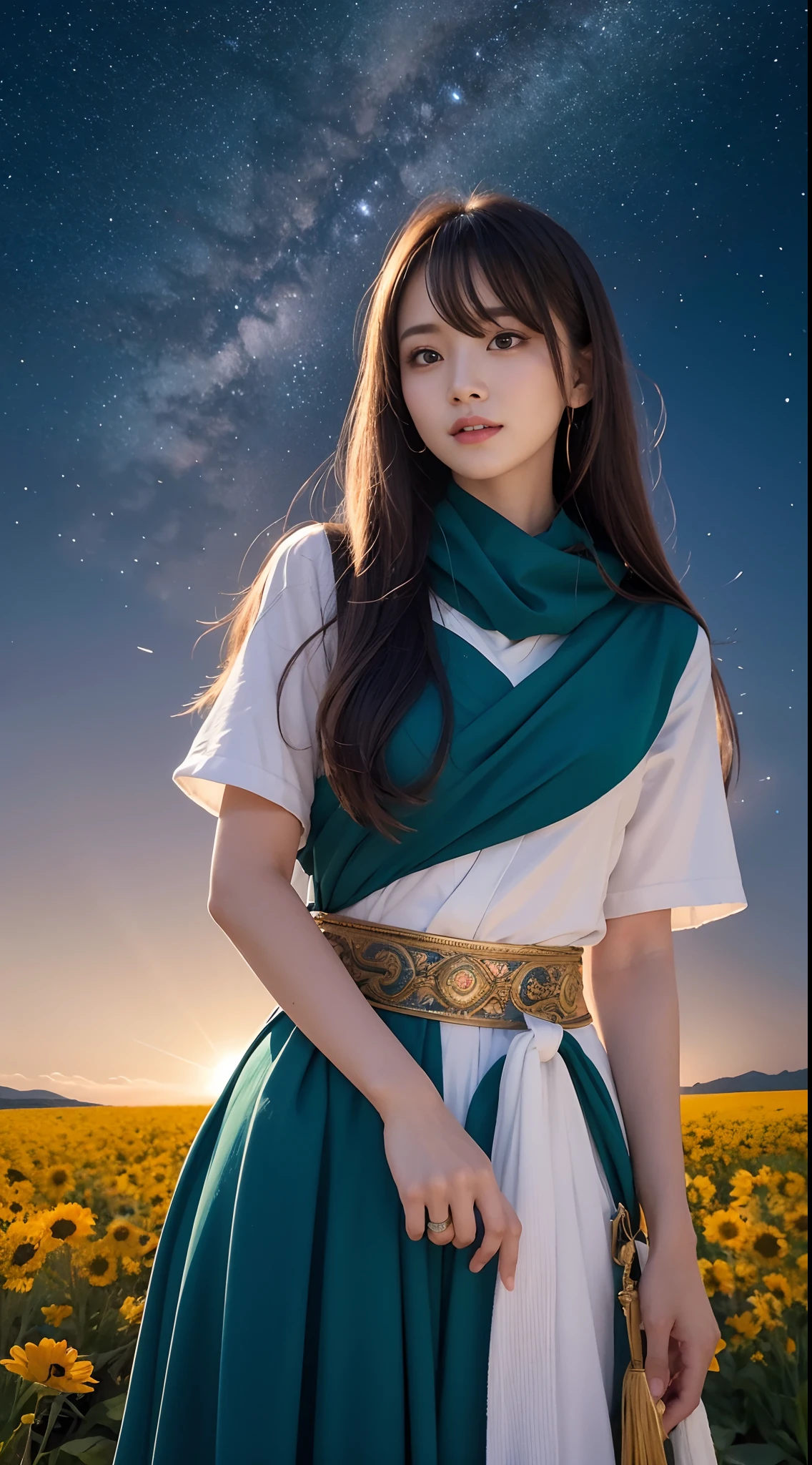 (RAW Photo, Best Quality), (Realistic, Photo Realistic: 1.3), Best Quality, Highly Detailed, Masterpiece, Ultra Detailed, Illustration, 1 Girl, upper_body, Dynamic Angle, World Mastery Theater, messy_long_hair, Best Quality, Extremely Detailed CG Unified 8k Wallpaper, Ink, Amazing, Movie Lights, lens_flare, dunhuang_style, Detailed Face, Beautiful Rendering of Tang Dynasty, (deliberate expression: 1.5), standing in a flower field, (looking up at the starry sky: 1.2), fireflies, floating scarves, Sony master shots, a woman posing for a picture in front of a tv, inspired by Fei Danxu, aesthetic!!!!!! female genie, brown hair and bangs, high definition screenshot, nicovideo, normal hands, vivic colors, full face shot of rimuru tempest, nice studio lighting, vhs screencap, beautiful fine - face, nami, ar
