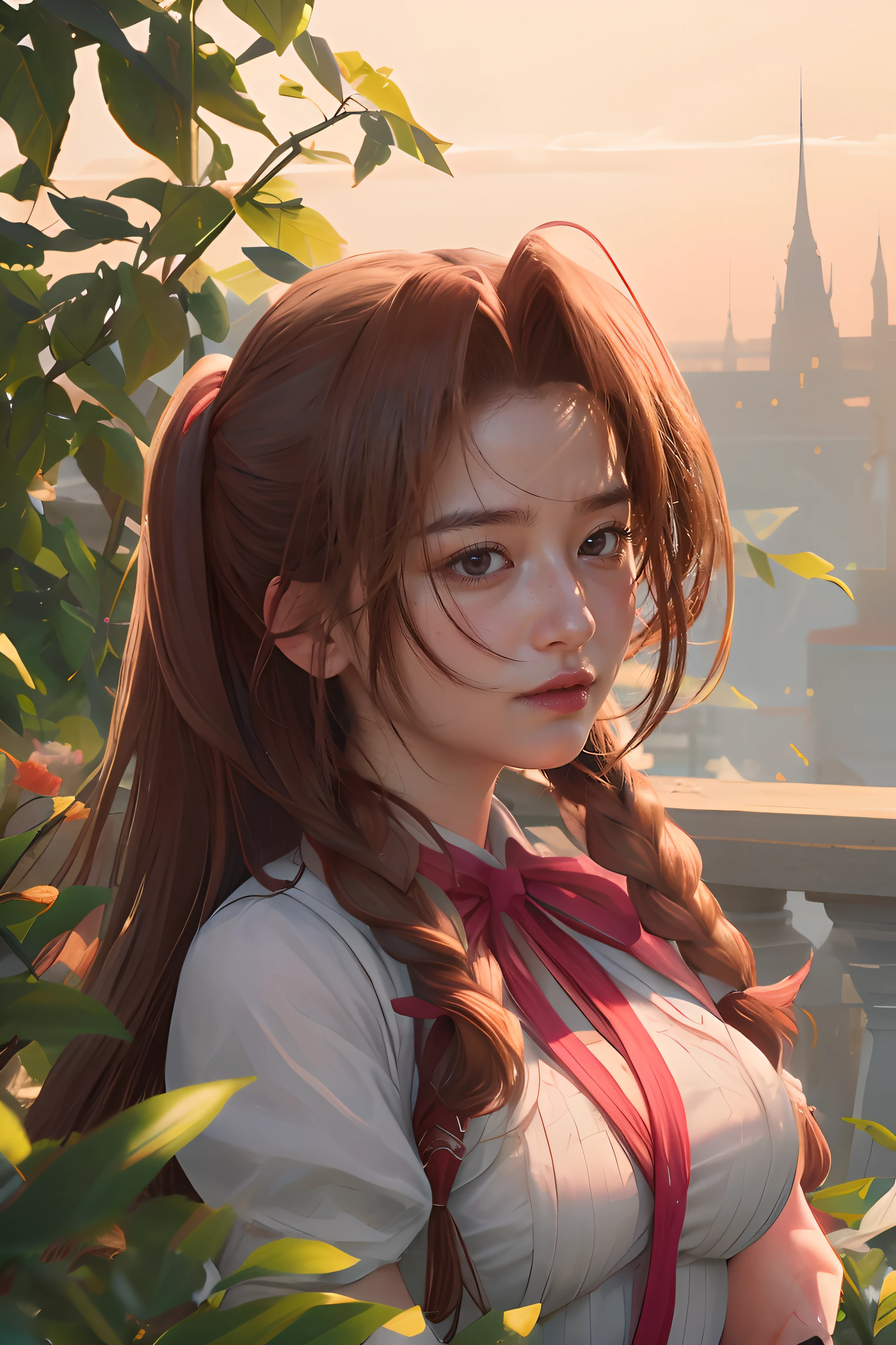 8k, RAW photo, portrait, best quality, ultra high res, photorealistic, intricate details, candid photography, Aerith Gainsborough from Final Fantasy VII,