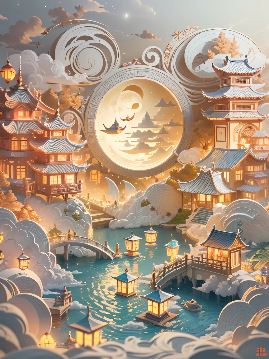 (Paper carving:1.5),Tilt-Shift, Mid-Autumn Festival,themoon,lanterns in the sky,(Night scene:1.5), (White clouds:1.5), (lantern:1.2), (Waterside architecture), Soft lighting,Oriental elements, Dreamy, Pastel colors, Bright colors, Traditional Chinese color scheme, ( reasonable design, Clear lines, High sharpness,Best quality, Very detailed, Masterpiece, offcial art, movie light effect, 4K ),