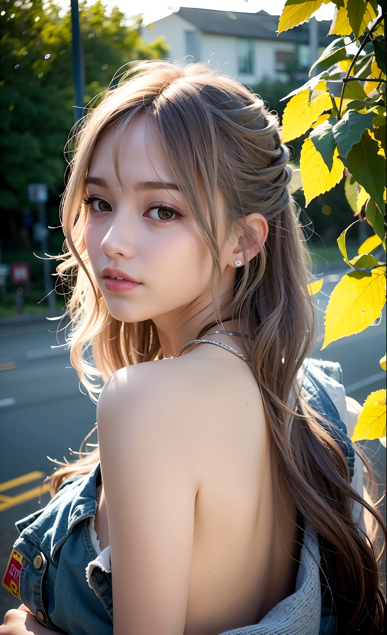 Best quality, long hair bangs curly two side braids loose towards the front, (Brown hair color), 超高分辨率, (Photorealistic:1.4), 1lovelygirl, bit girl, (Young), pink puffy , NSFW, ,(Kpop idol), (aegyo sal:1), (Huge breasts), (Denim shorts), Smiling, Cute, full bodyesbian, hands together in front, Background street, Nature, peaceful neighborhood,(full topless:1.2), Sunlight,ta