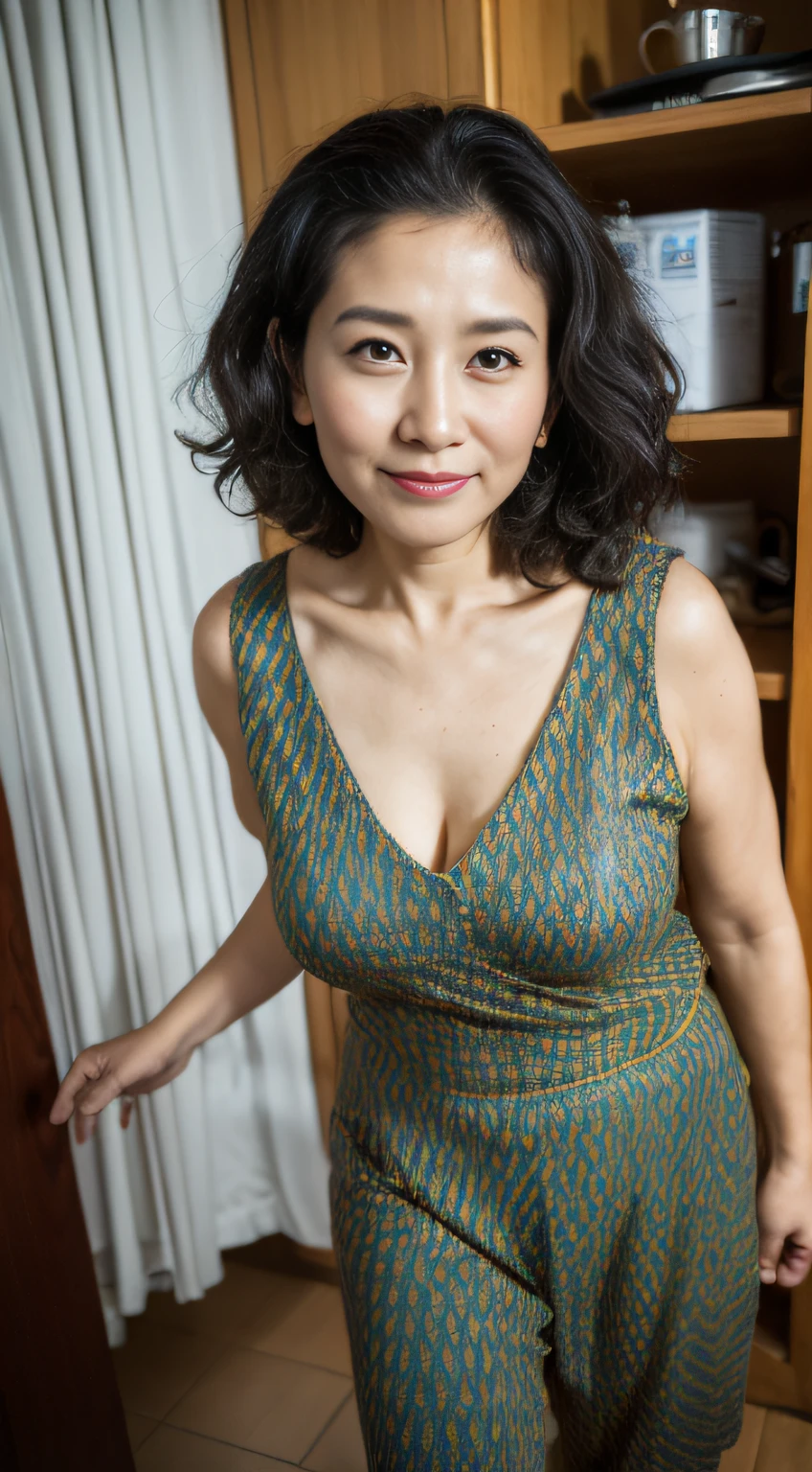 ((Best quality, 8K, Masterpiece, Portrait: 1.3)), (View viewers), Photorealism, Sharp focus, Solo, The Moro Islamic Liberation Front of Japan, Beauty, Clothes with Cleavage View, 28 years old, Curly hair, wrinkles around the eyes, china dress ((standing on one leg)), Room,