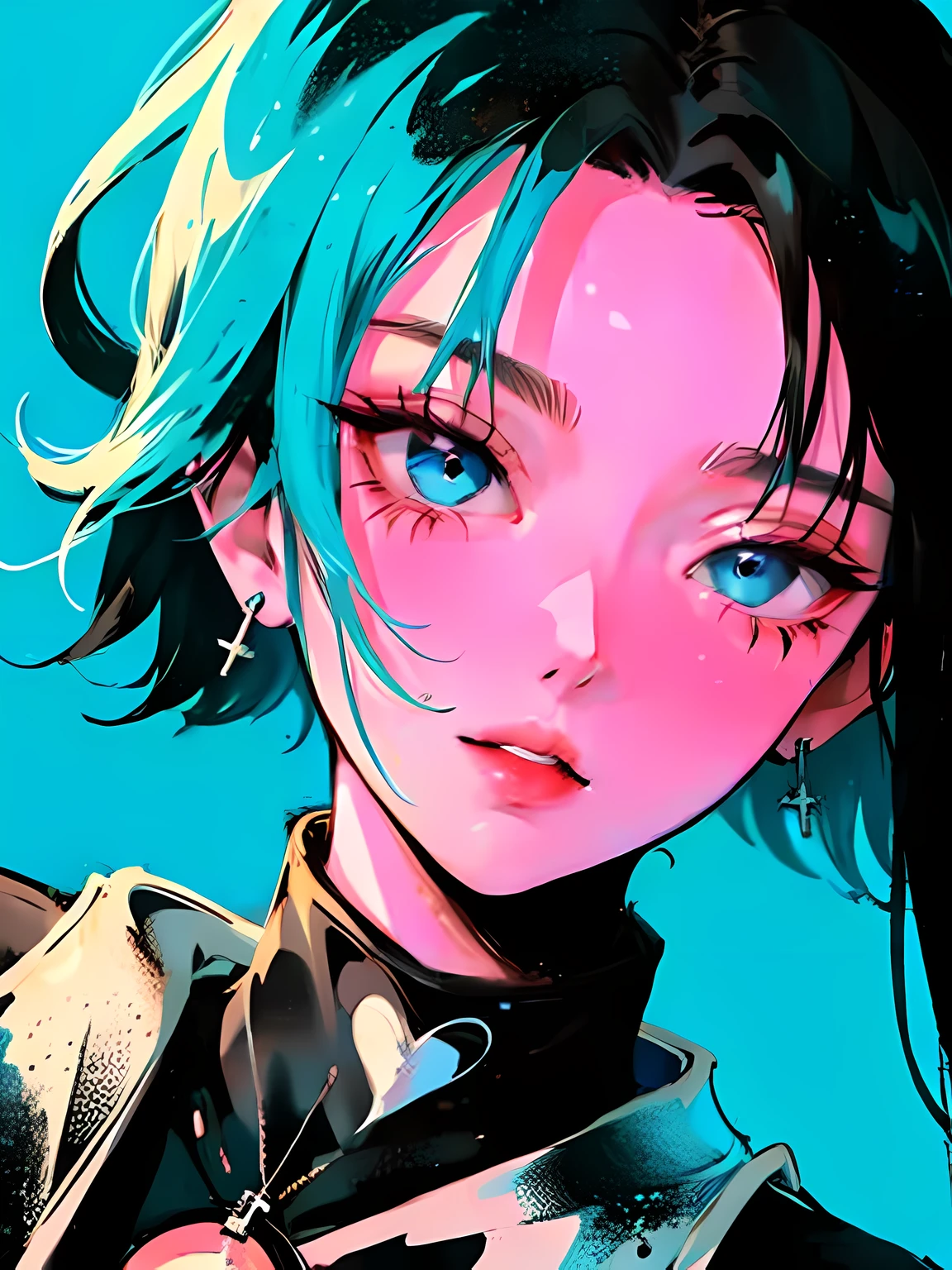 (Portrait:1.4), (masutepiece:1.2, Best Quality:1.2), bottom-up, Full body, 1 girl with short black hair with fringe, blue highlight, Solo, Looking down, Face Focus, Extreme facial details, Cool eyes, extremely detailed eye, goodlooking, makeup, Fingers on lips, blue Eyes, Thin, slim, white fur coat, Black tights, earrings, (Marco) Cafe)