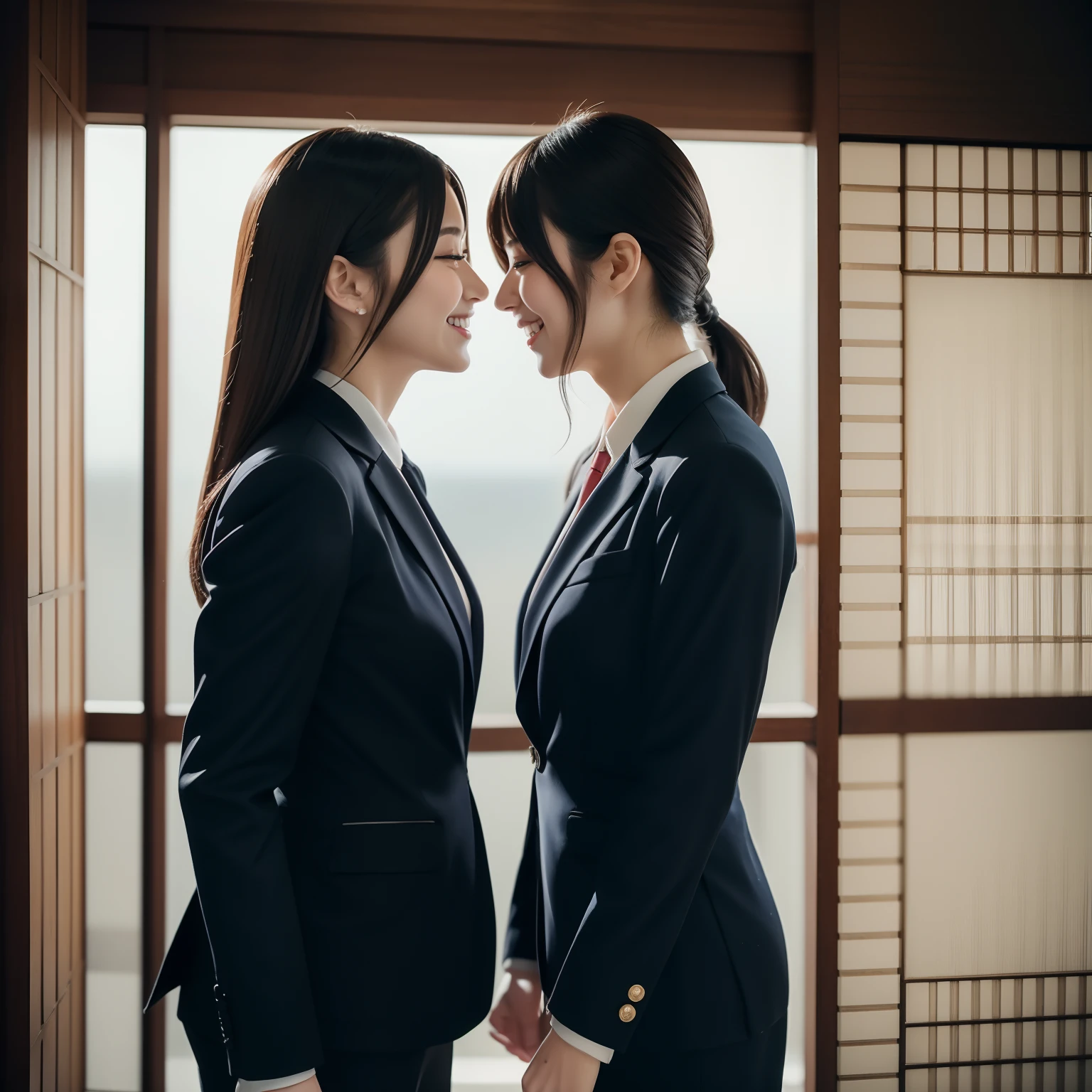 of the highest quality, masutepiece, 2girls,Bosses and subordinates、Beautiful and perfect face, Cinematic feel, 8K, Very detailed、huge smile、OL、(Japan Business Suit)、the kiss、(Full body like)