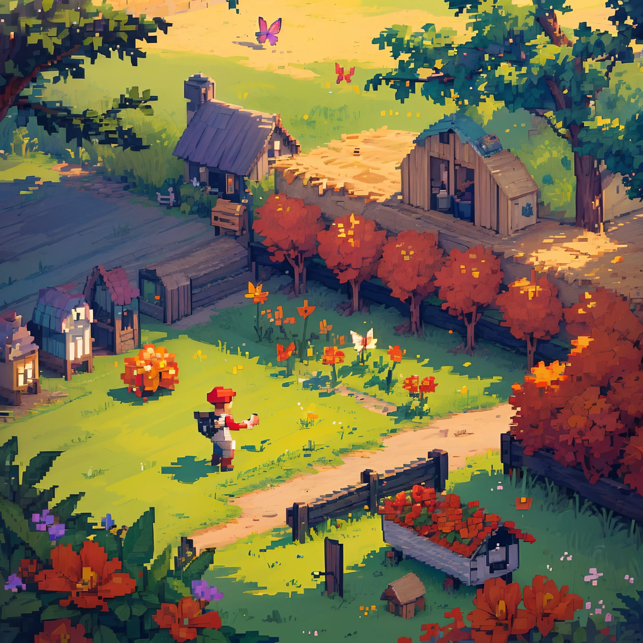Pixel Art of Game Scene, isometric pixel, 2d platformer, game, pixel game, Harvest moon, GBC, field with plant, cow, farming, nature, butterfly, 1boy, pixel art, (masterpiece:1.3), (vibrant:1.2), close-up