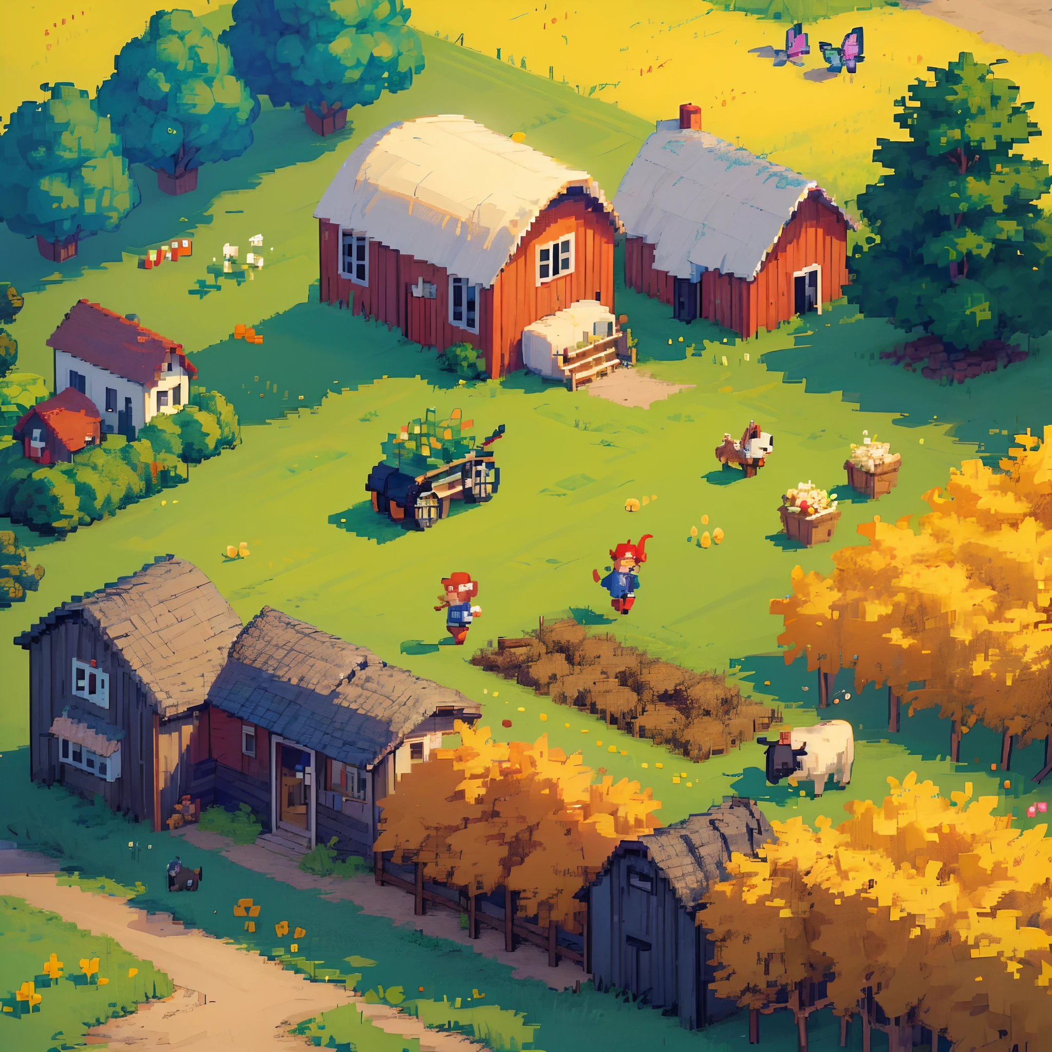 Pixel Art of Game Scene, isometric pixel, 2d platformer, game, pixel game, Harvest moon, GBC, field with plant, cow, farming, nature, butterfly, 1boy, pixel art, (masterpiece:1.3), (vibrant:1.2)