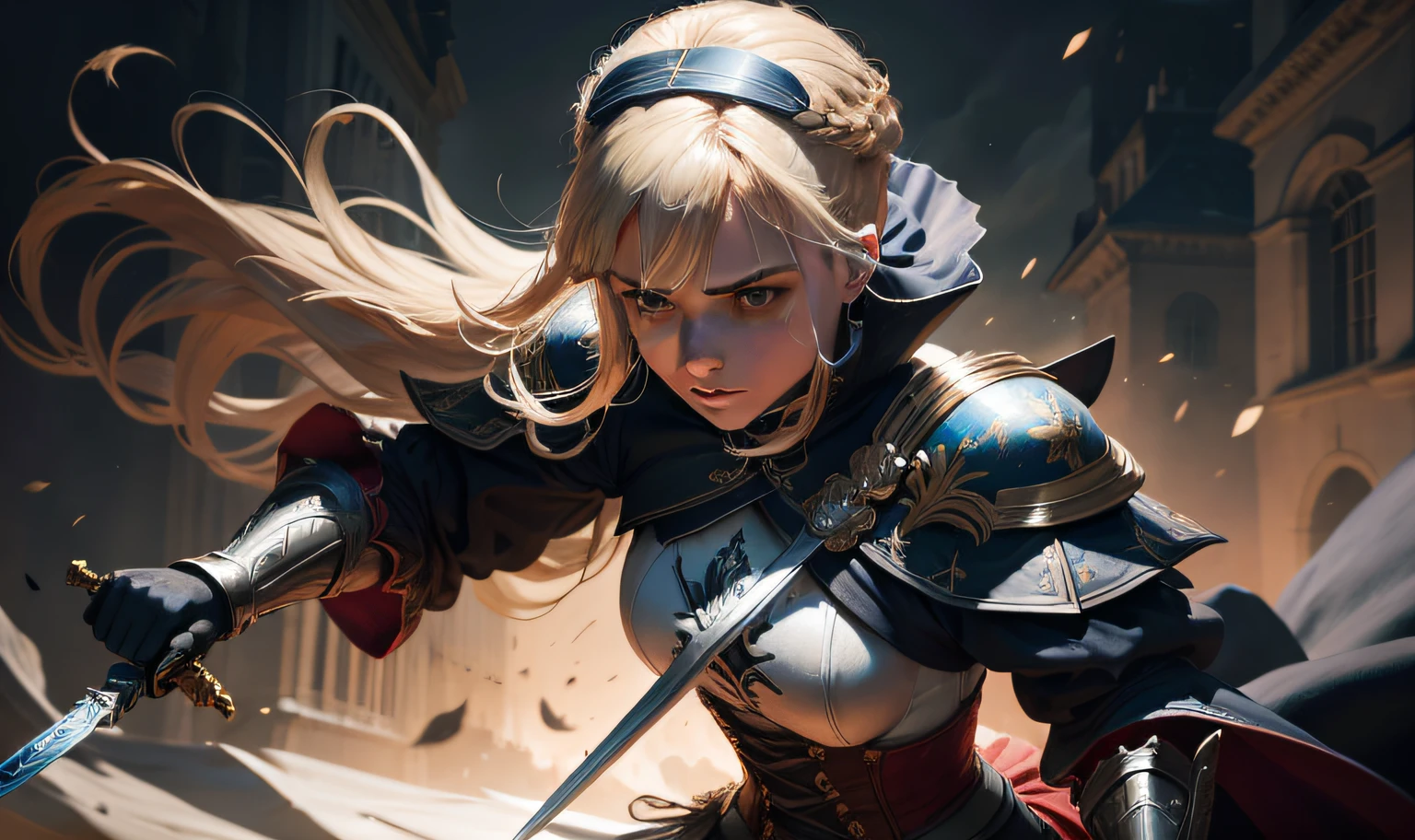 ((melhor qualidade, 8k, master part: 1.4)),((amazing detail: 1.3)),((illustration, Penteado Casual: 1.2)),((high resolution: 1.1)), 1girl, Artoria Pendragon, armadura de prata, olhos verdes, bandeira, erguendo espada, medieval, vitoriano, divino, Saber(destino/Grande Ordem), cabelos dourados, Postura de combate, olhando para cima, luz suave, Cinematic lighting, Chiaroscuro, irritado, Amazing painting art, corpo inteiro, single picture, perna grossa, sword in hand